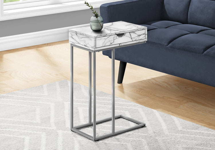 I 3772 Table D'appoint, En Forme De C, Bout, Côté, Collation, Tiroir De Rangement, Salon, Chambre À Coucher, Métal, Stratifié, Aspect Marbre Blanc, Gris, Contemporain, Moderne - Simple Boutique