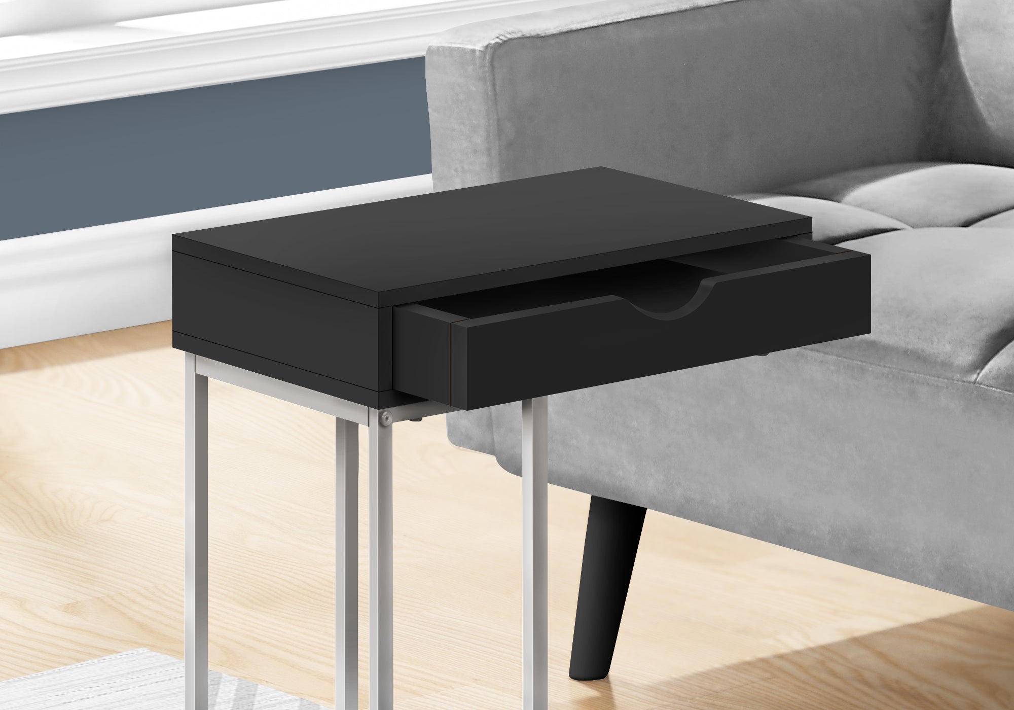 I 3773 Table D'appoint, En Forme De C, Bout, Côté, Collation, Tiroir De Rangement, Salon, Chambre À Coucher, Métal, Stratifié, Noir, Gris, Contemporain, Moderne - Simple Boutique