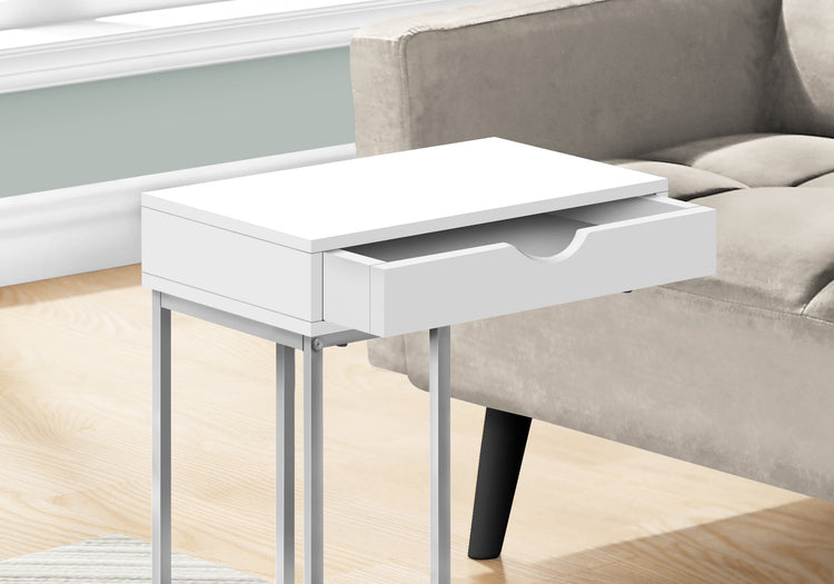 I 3774 Table D'appoint, En Forme De C, Bout, Côté, Collation, Tiroir De Rangement, Salon, Chambre À Coucher, Métal, Stratifié, Blanc, Gris, Contemporain, Moderne - Simple Boutique