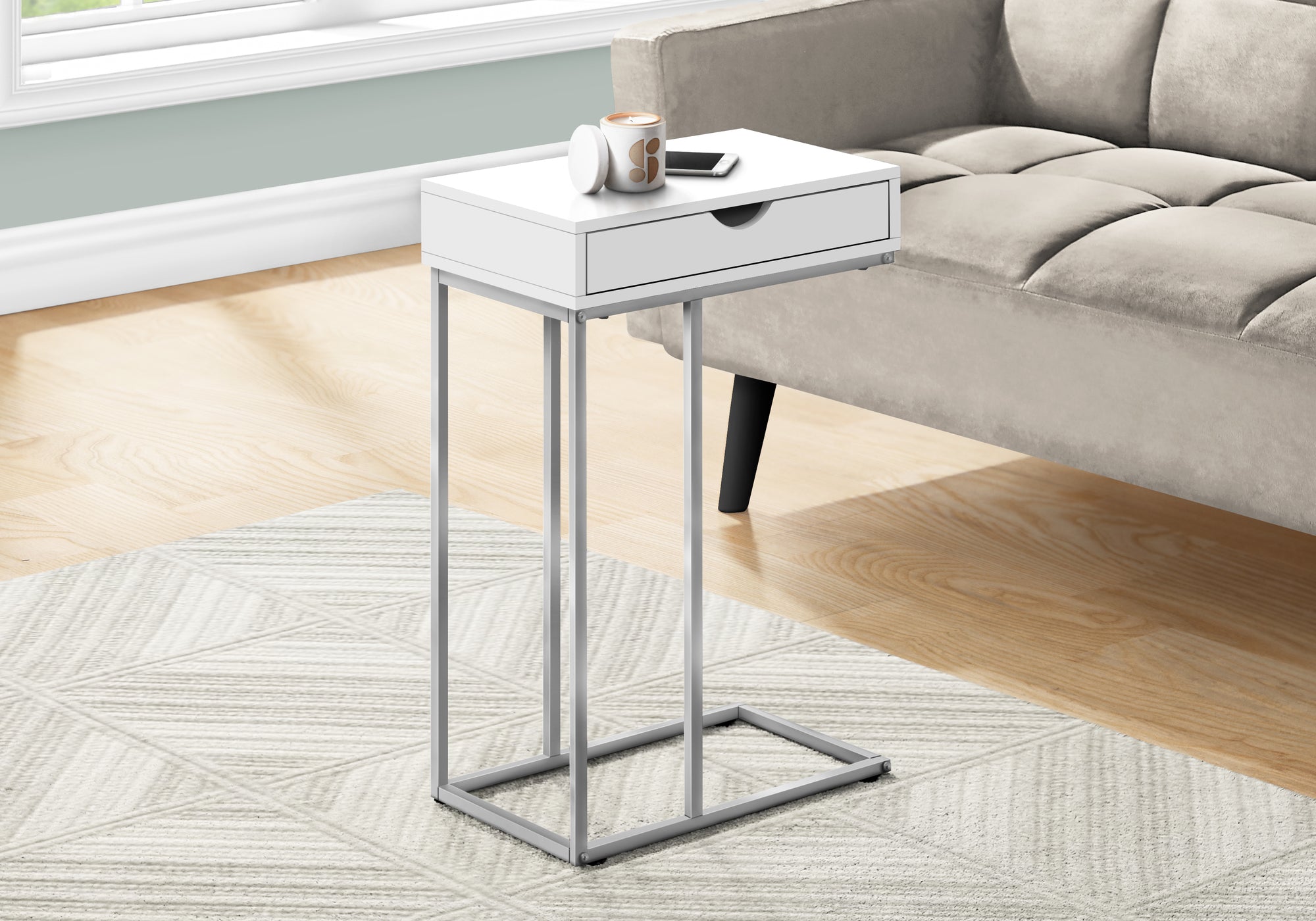 I 3774 Table D'appoint, En Forme De C, Bout, Côté, Collation, Tiroir De Rangement, Salon, Chambre À Coucher, Métal, Stratifié, Blanc, Gris, Contemporain, Moderne - Simple Boutique