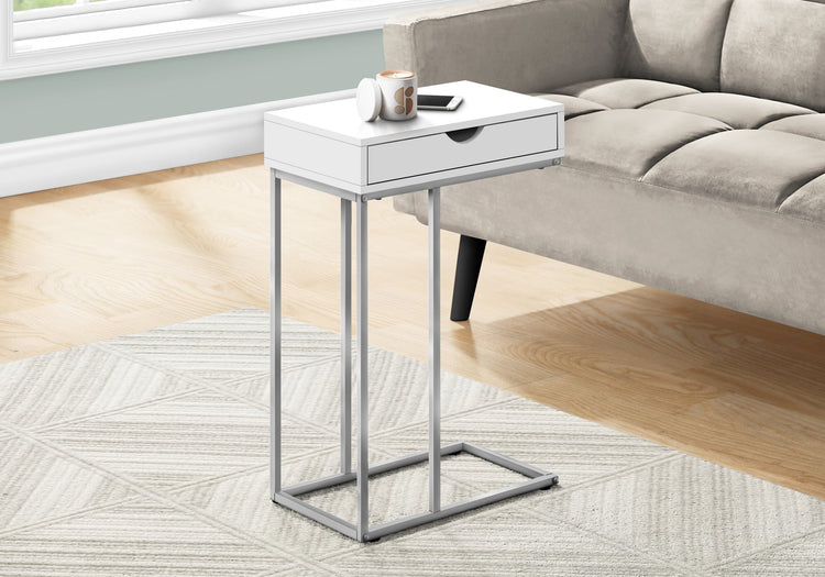I 3774 Table D'appoint, En Forme De C, Bout, Côté, Collation, Tiroir De Rangement, Salon, Chambre À Coucher, Métal, Stratifié, Blanc, Gris, Contemporain, Moderne - Simple Boutique