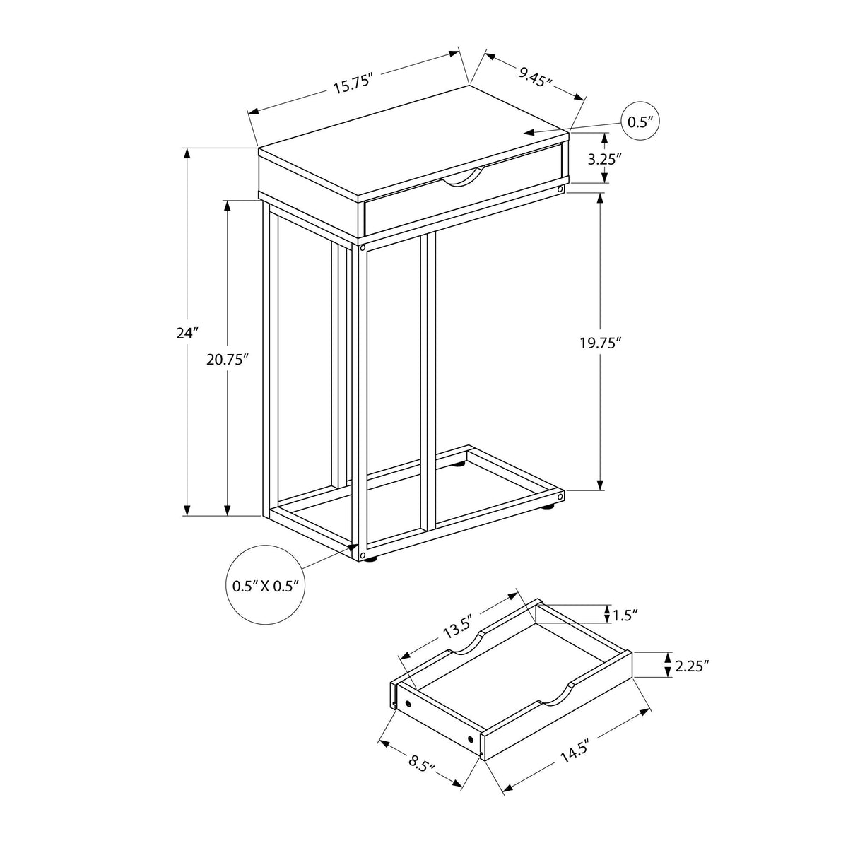 I 3775 Table D'appoint, En Forme De C, Bout, Côté, Collation, Tiroir De Rangement, Salon, Chambre À Coucher, Métal, Stratifié, Naturel, Blanc, Contemporain, Moderne - Simple Boutique