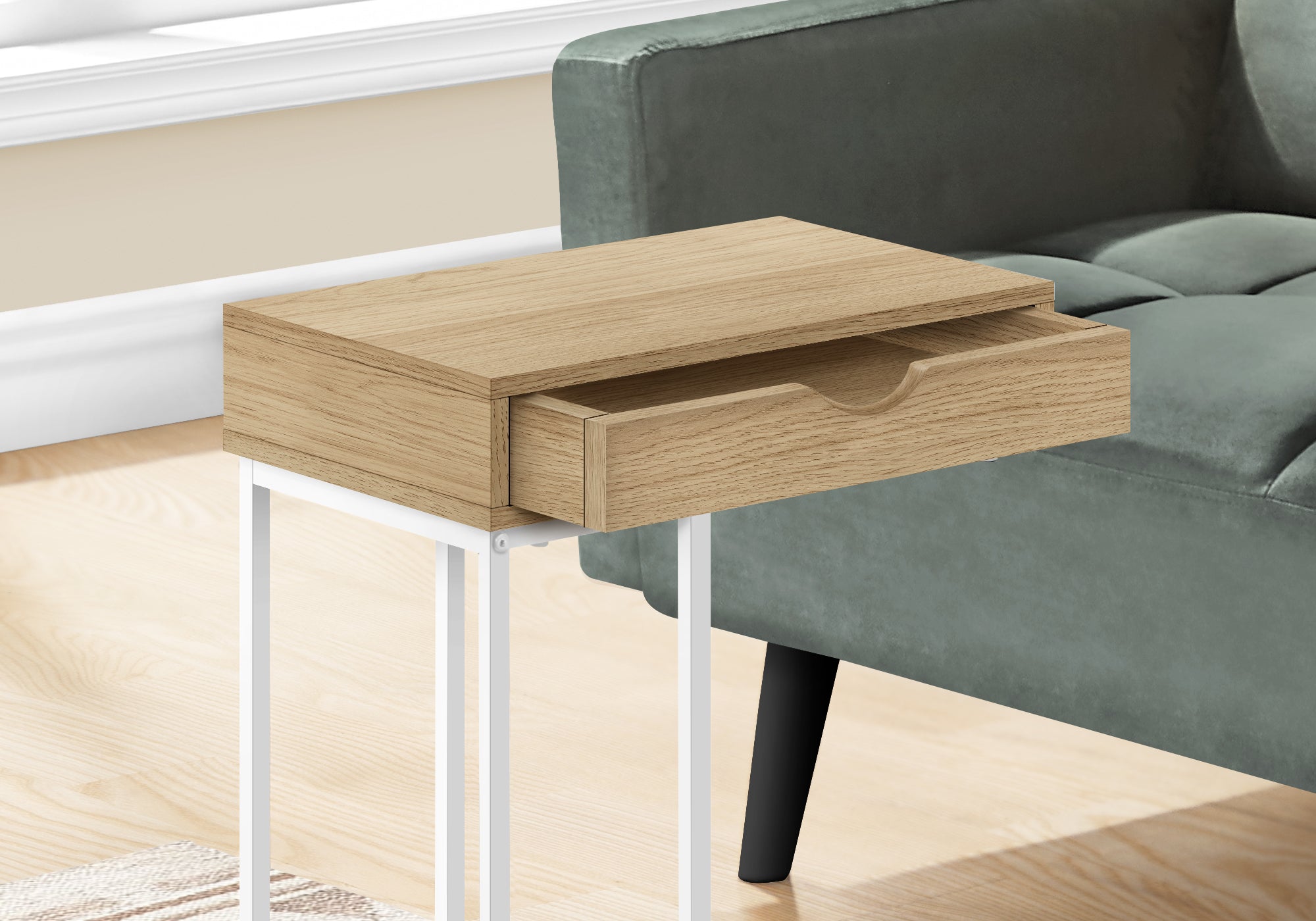 I 3775 Table D'appoint, En Forme De C, Bout, Côté, Collation, Tiroir De Rangement, Salon, Chambre À Coucher, Métal, Stratifié, Naturel, Blanc, Contemporain, Moderne - Simple Boutique