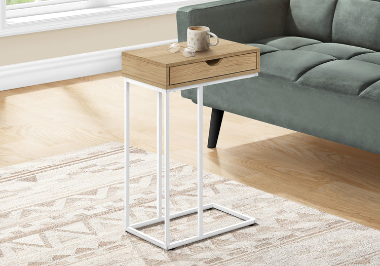 I 3775 Table D'appoint, En Forme De C, Bout, Côté, Collation, Tiroir De Rangement, Salon, Chambre À Coucher, Métal, Stratifié, Naturel, Blanc, Contemporain, Moderne - Simple Boutique