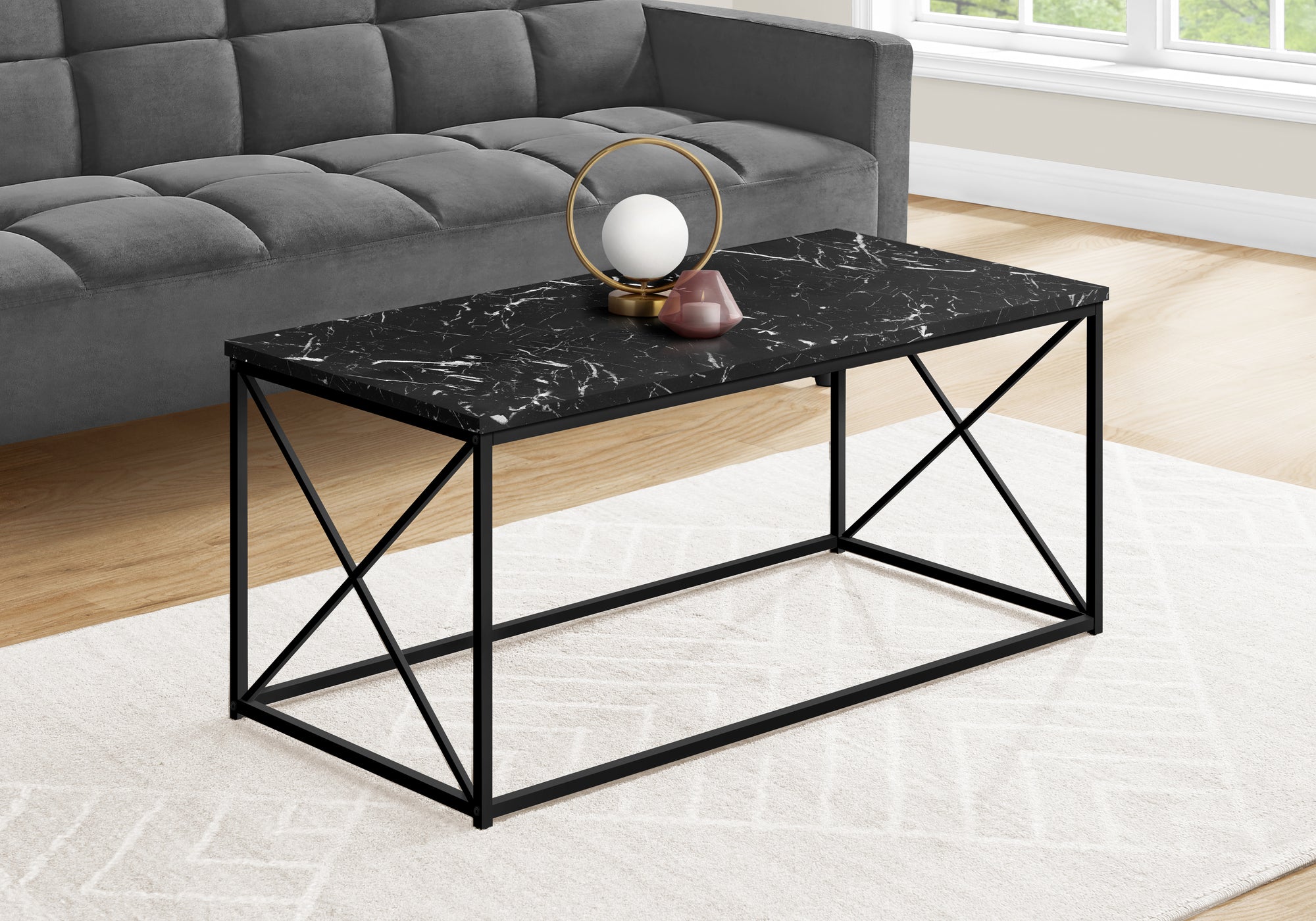 I 3783 Table A Café, Accent, Cocktail, Rectangulaire, Salon, 40"l, Métal, Stratifié, D'aspect Marbre Noir, Contemporain, Moderne - Simple Boutique