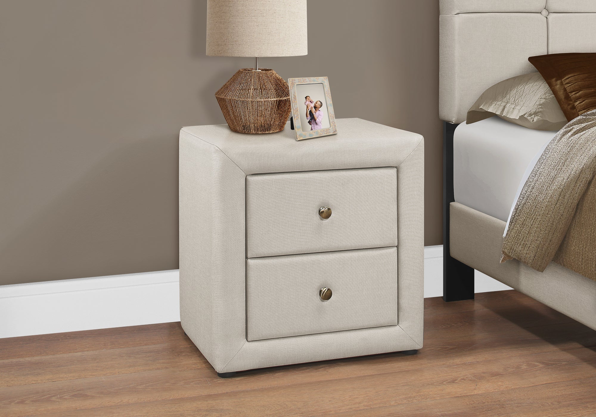 I 5605 Accessoire De Chambre, Table De Nuit, Bout, Côté, Lampe, Tiroir De Rangement, Chambre À Coucher, Rembourré, D'aspect Lin, Beige, Transitionnel - Simple Boutique