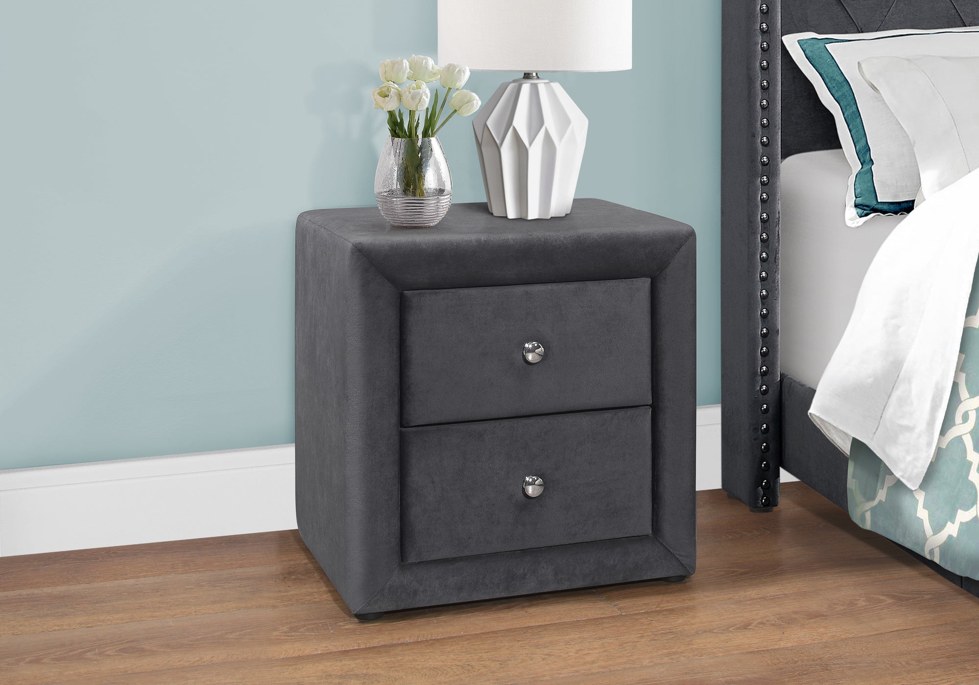 I 5607 Accessoire De Chambre, Table De Nuit, Bout, Côté, Lampe, Tiroir De Rangement, Chambre À Coucher, Rembourré, Velours, Gris, Transitionnel - Simple Boutique