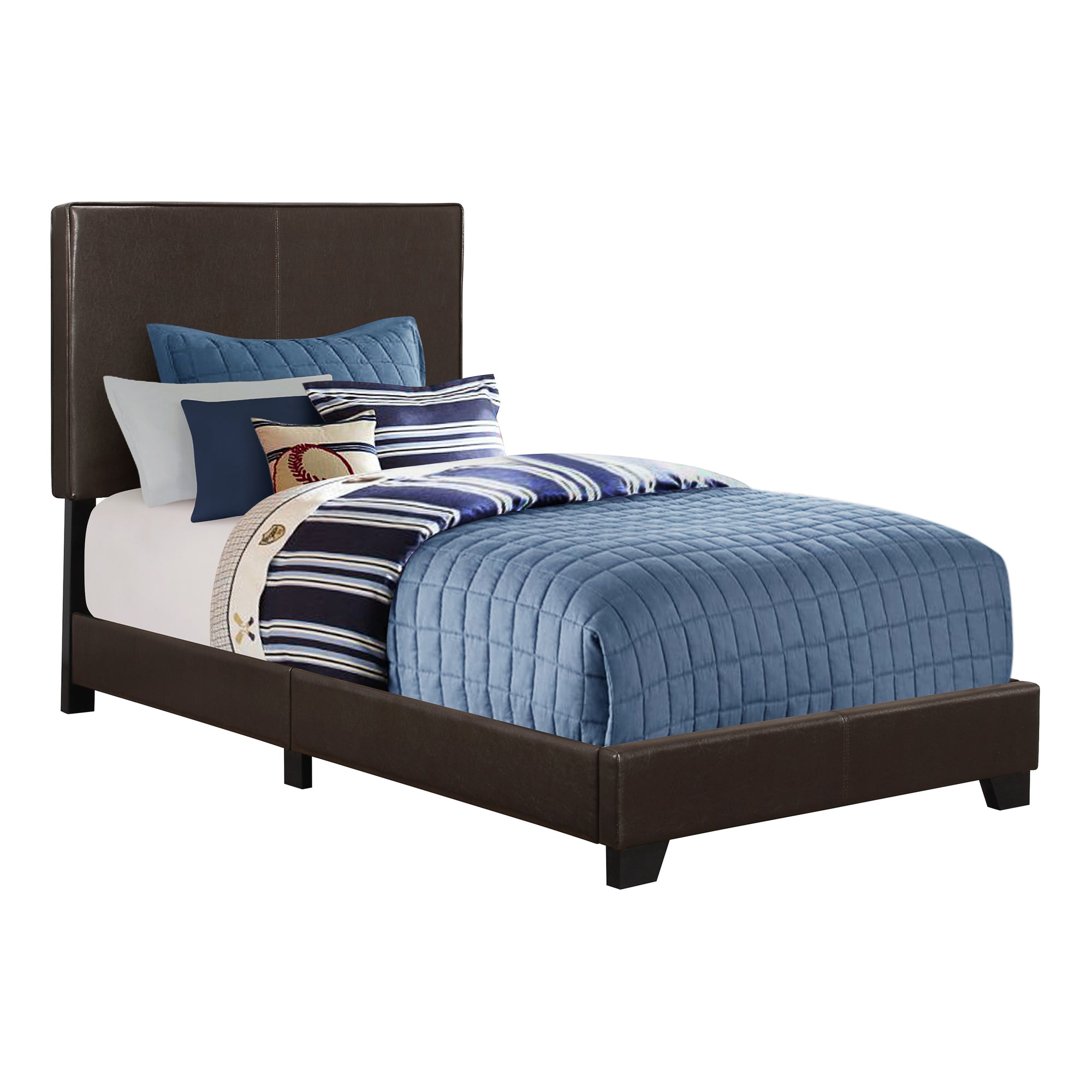 I 5910T Lit, Taille Jumelle, Plate-forme, Chambre À Coucher, Cadre, Rembourré, Pu D'aspect Cuir, Pattes En Bois, Brun, Transitionnel - Simple Boutique
