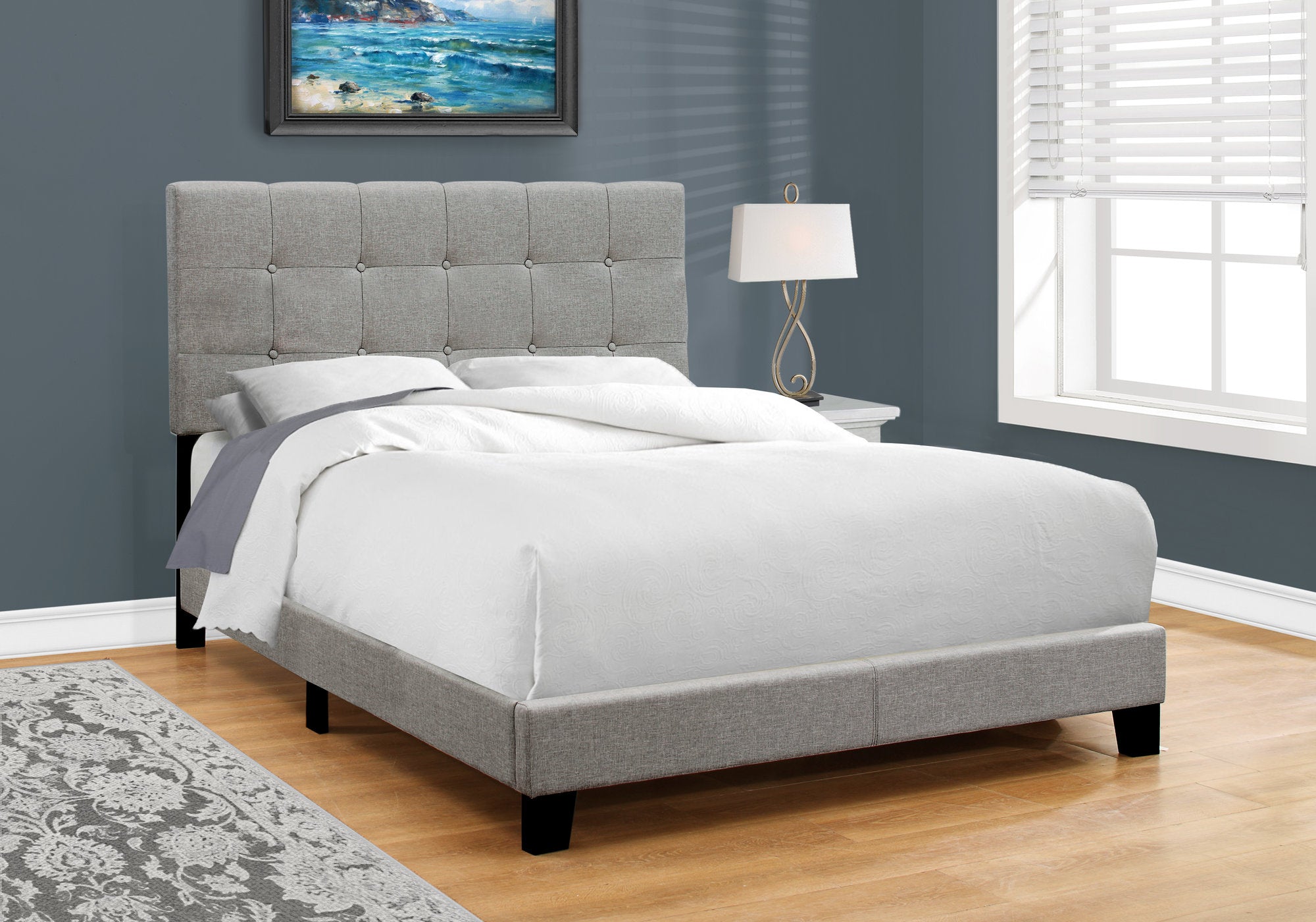 I 5920F Lit, Taille Réelle, Plate-forme, Chambre À Coucher, Cadre, Rembourré, D'aspect Lin, Pattes En Bois, Gris, Transitionnel - Simple Boutique