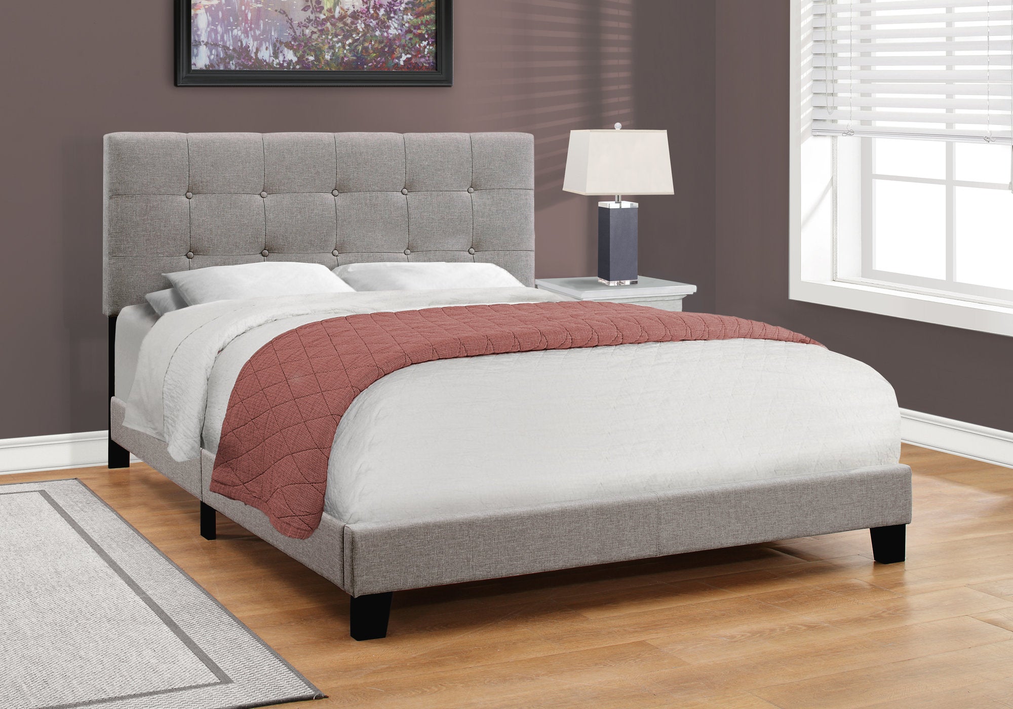I 5920Q Lit, Grand, Plate-forme, Chambre À Coucher, Cadre, Rembourré, D'aspect Lin, Pattes En Bois, Gris, Transitionnel - Simple Boutique