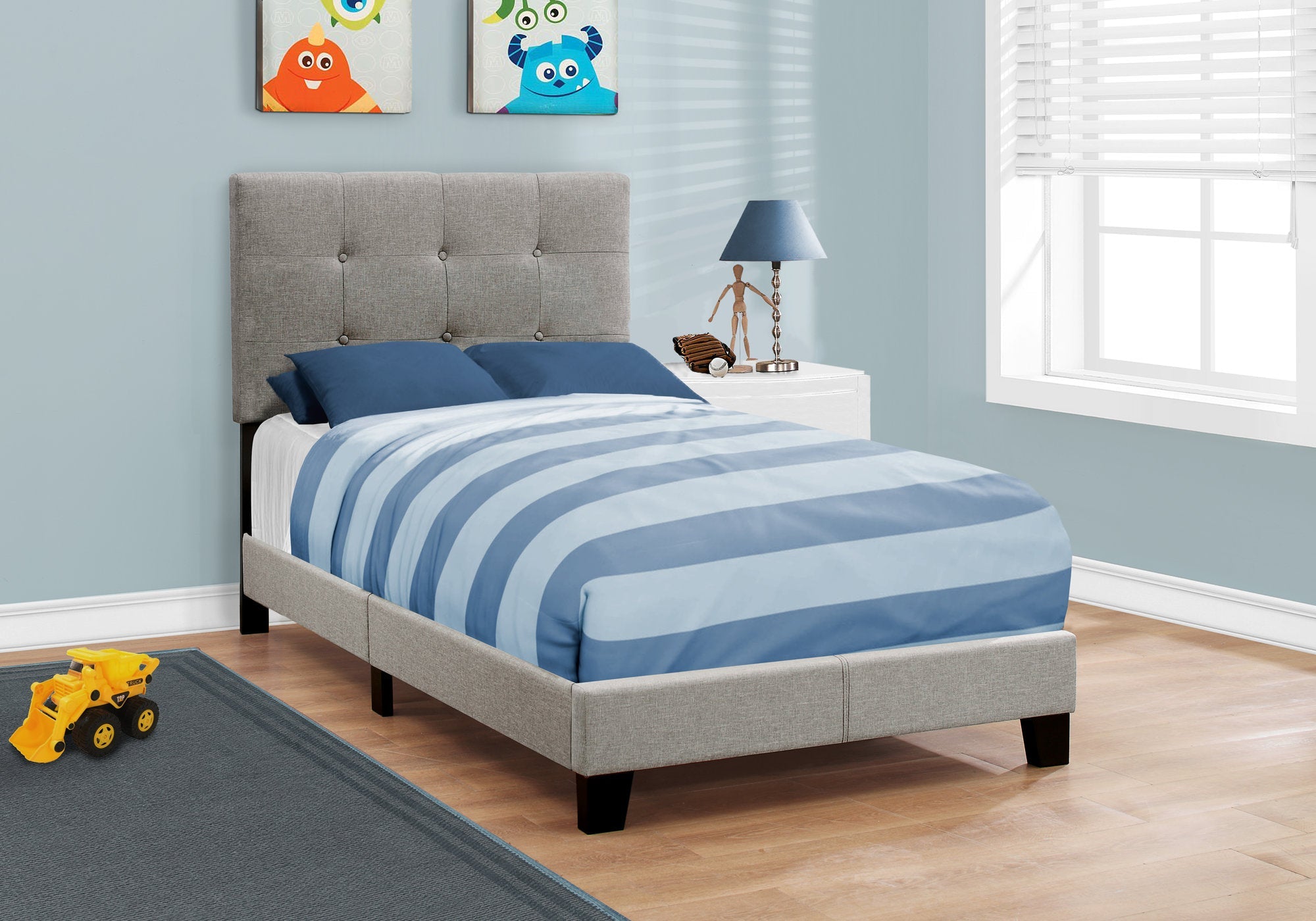 I 5920T Lit, Taille Jumelle, Plate-forme, Adolescent, Cadre, Rembourré, D'aspect Lin, Pattes En Bois, Gris, Transitionnel - Simple Boutique