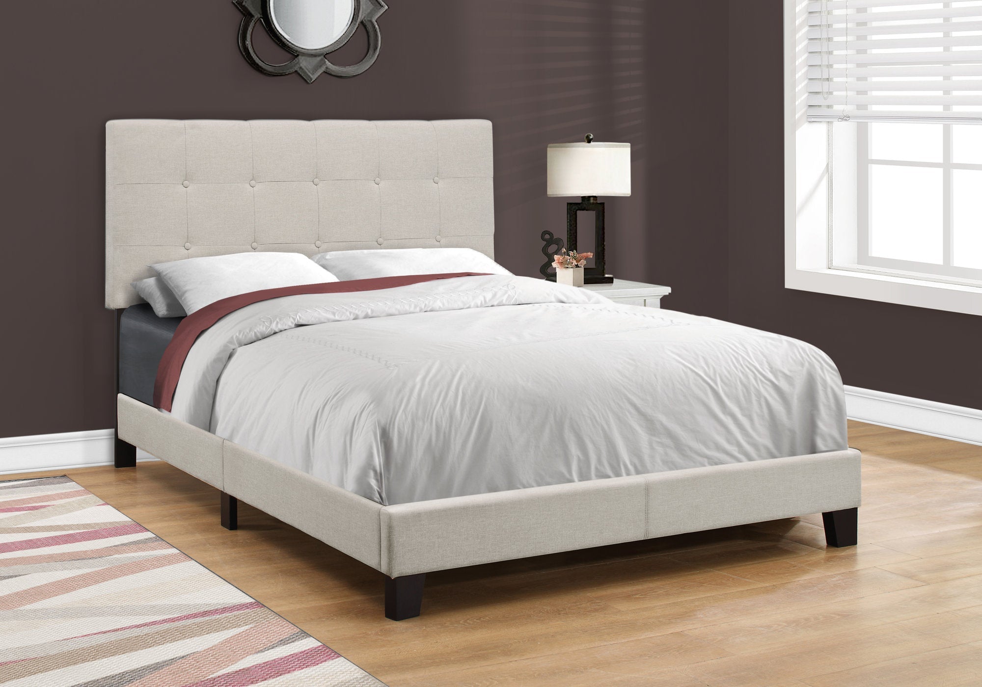 I 5921F Lit, Taille Réelle, Plate-forme, Chambre À Coucher, Cadre, Rembourré, D'aspect Lin, Pattes En Bois, Beige, Noir, Transitionnel - Simple Boutique