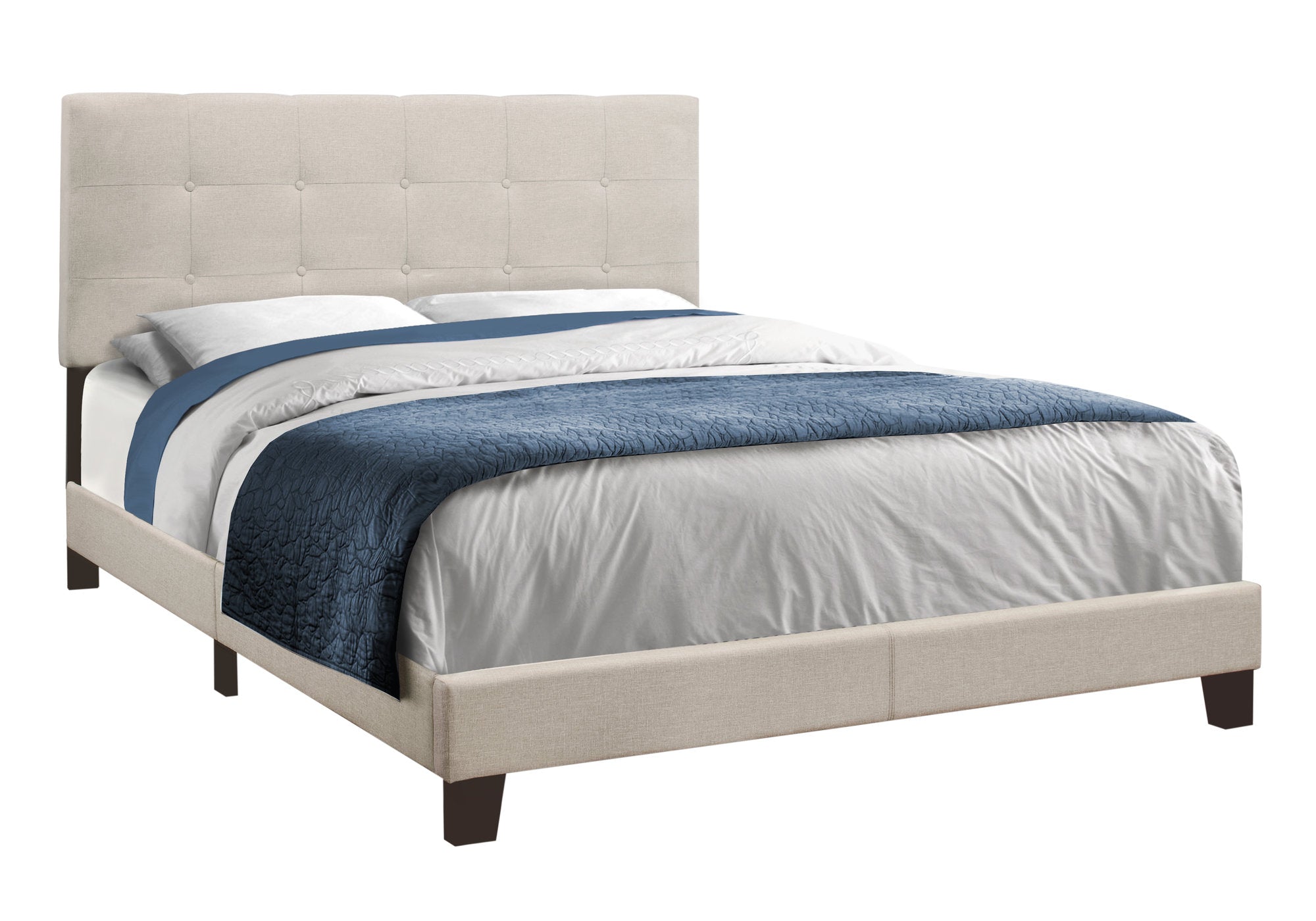 I 5921Q Lit, Grand, Plate-forme, Chambre À Coucher, Cadre, Rembourré, D'aspect Lin, Pattes En Bois, Beige, Noir, Transitionnel - Simple Boutique
