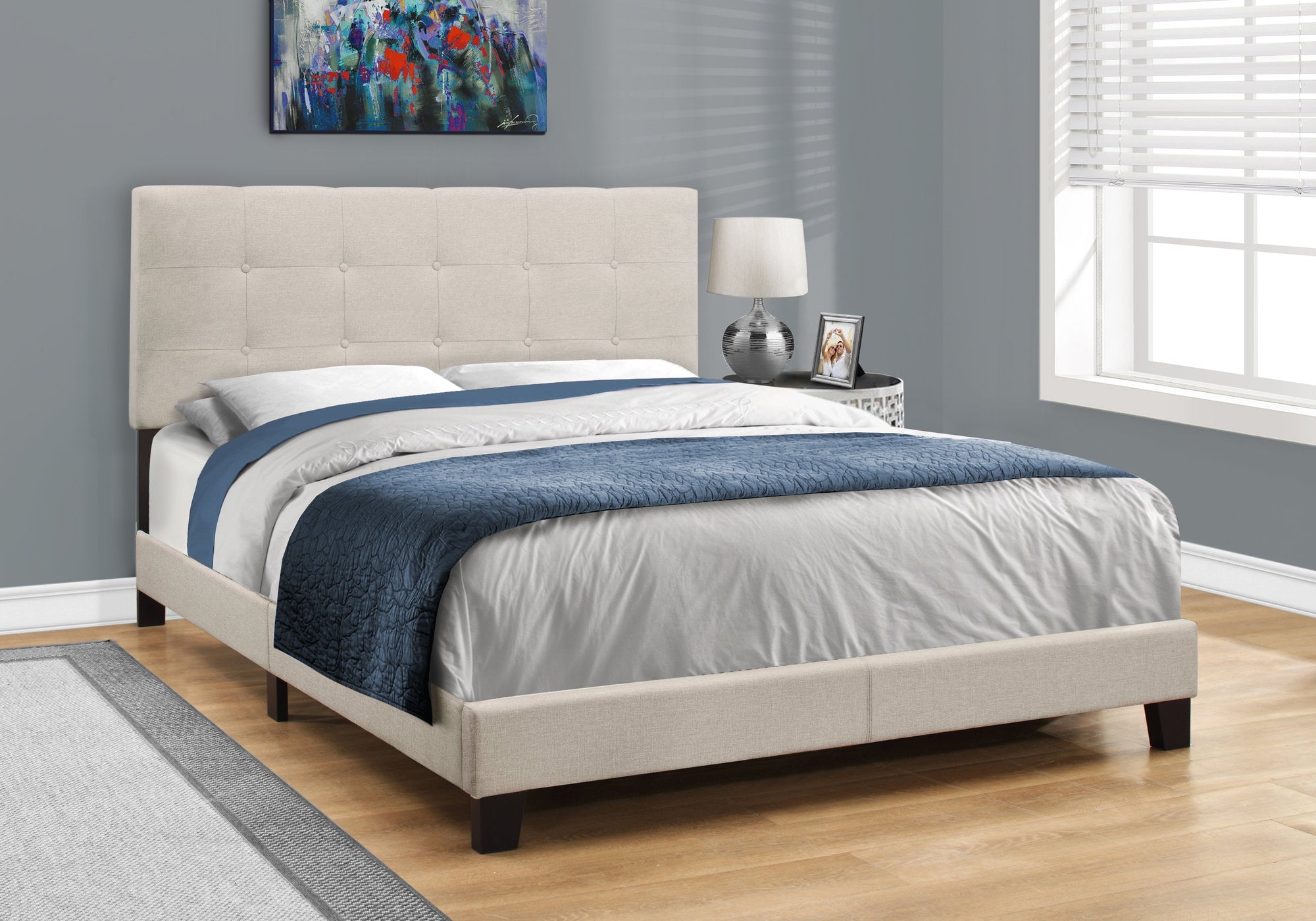 I 5921Q Lit, Grand, Plate-forme, Chambre À Coucher, Cadre, Rembourré, D'aspect Lin, Pattes En Bois, Beige, Noir, Transitionnel - Simple Boutique