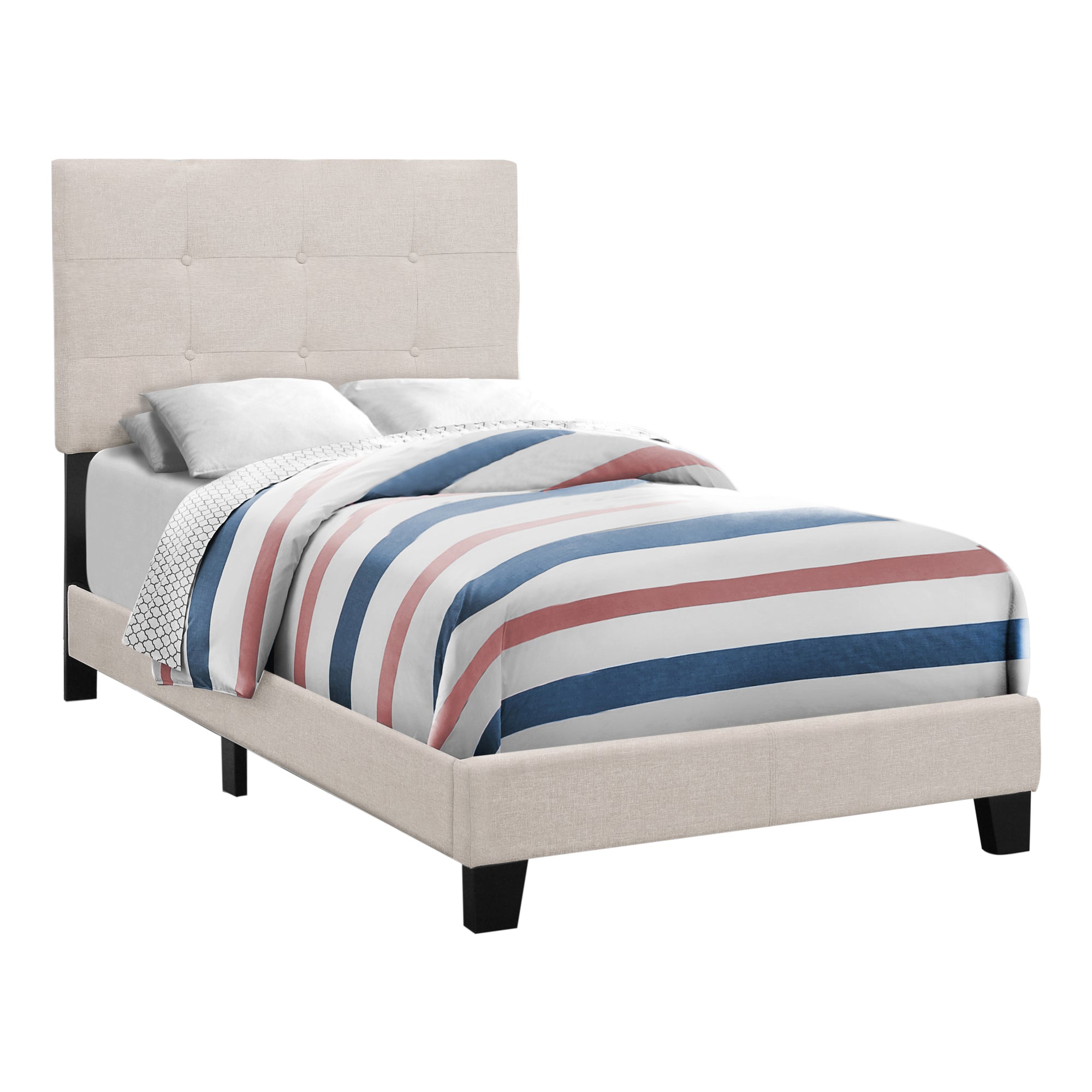 I 5921T Lit, Taille Jumelle, Plate-forme, Adolescent, Cadre, Rembourré, D'aspect Lin, Pattes En Bois, Beige, Noir, Transitionnel - Simple Boutique