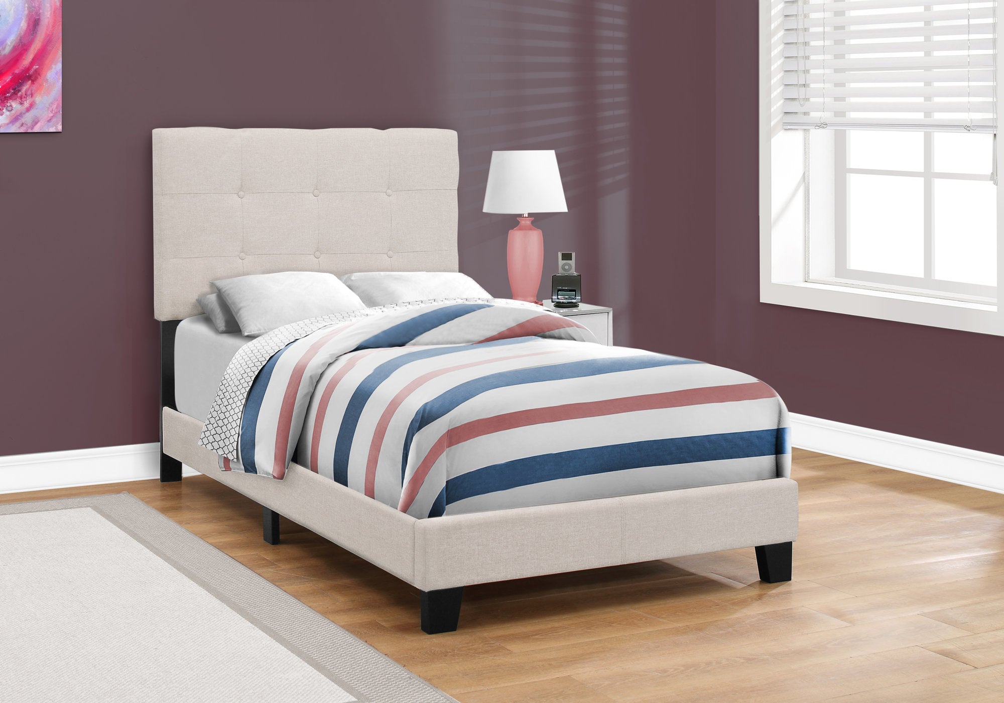 I 5921T Lit, Taille Jumelle, Plate-forme, Adolescent, Cadre, Rembourré, D'aspect Lin, Pattes En Bois, Beige, Noir, Transitionnel - Simple Boutique