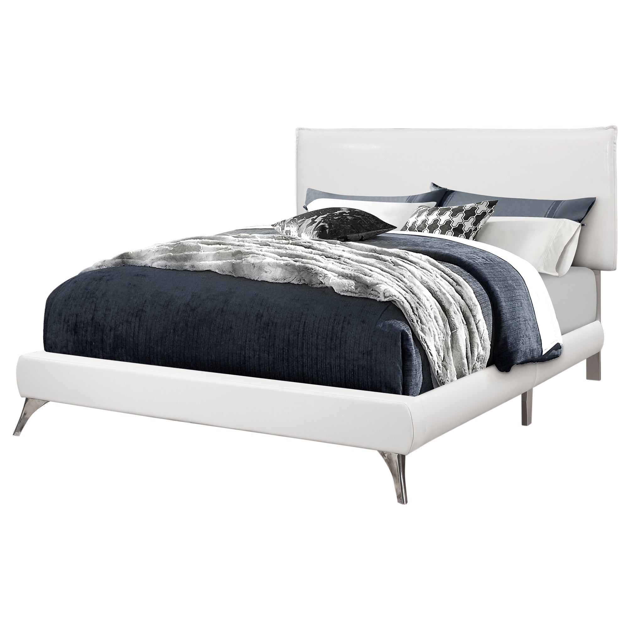 I 5953Q Lit, Grand, Plate-forme, Chambre À Coucher, Cadre, Rembourré, Pu D'aspect Cuir, Pieds En Métal, Blanc, Chrome, Contemporain, Moderne - Simple Boutique