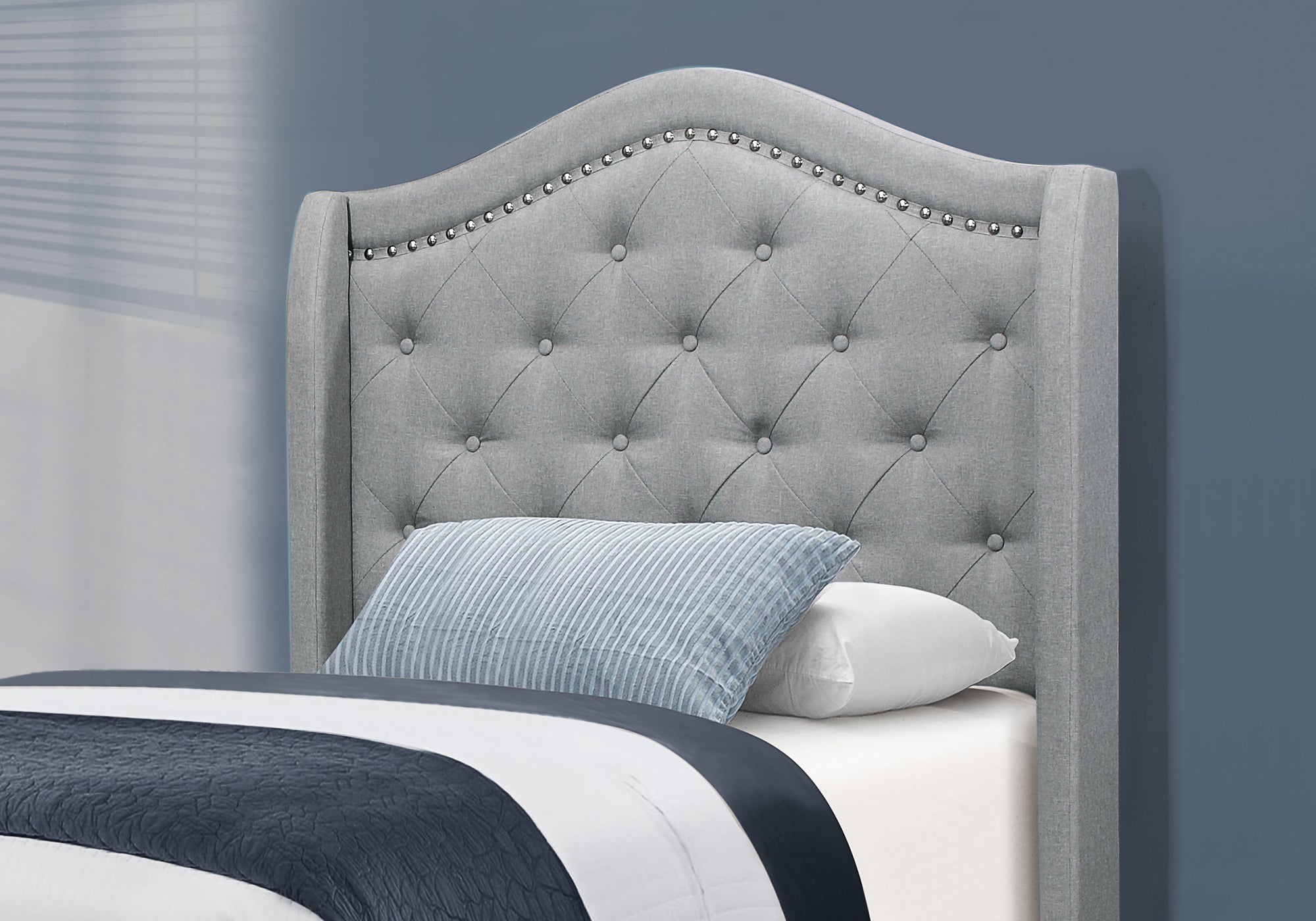 I 5966T Lit, Taille Jumelle, Plate-forme, Adolescent, Cadre, Rembourré, Velours, Pattes En Bois, Gris, Chrome, Traditionnel - Simple Boutique