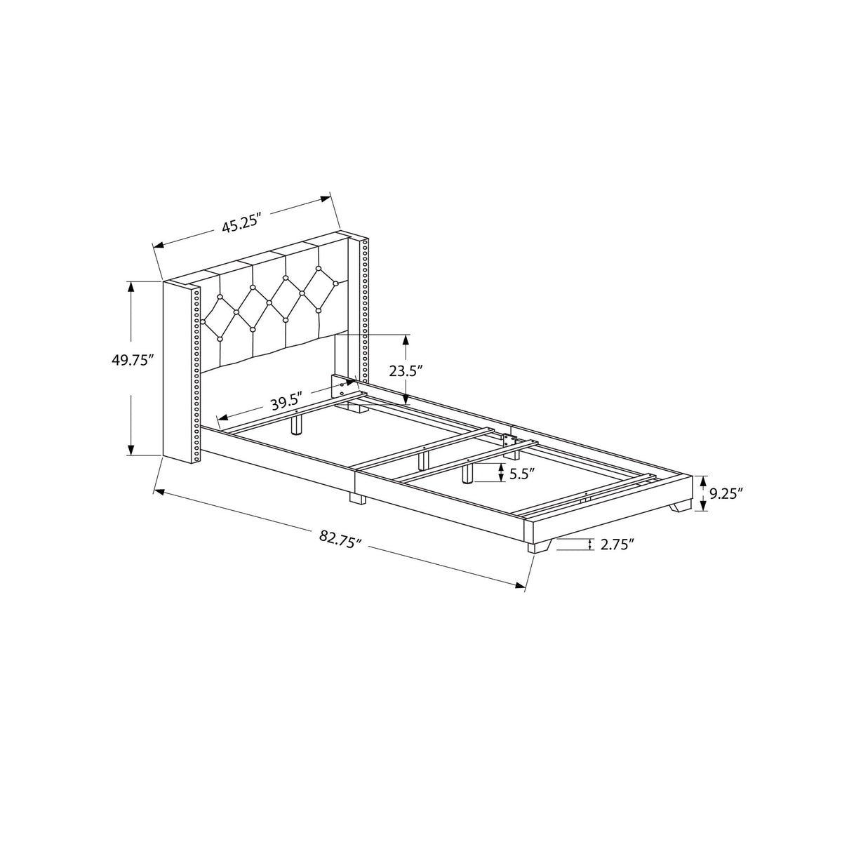 Monarch Specialties I 5984T Lit, Taille Jumelle, Plate-forme, Adolescent, Cadre, Rembourré, Velours, Pattes En Bois, Gris, Transitionnel - Simple Boutique