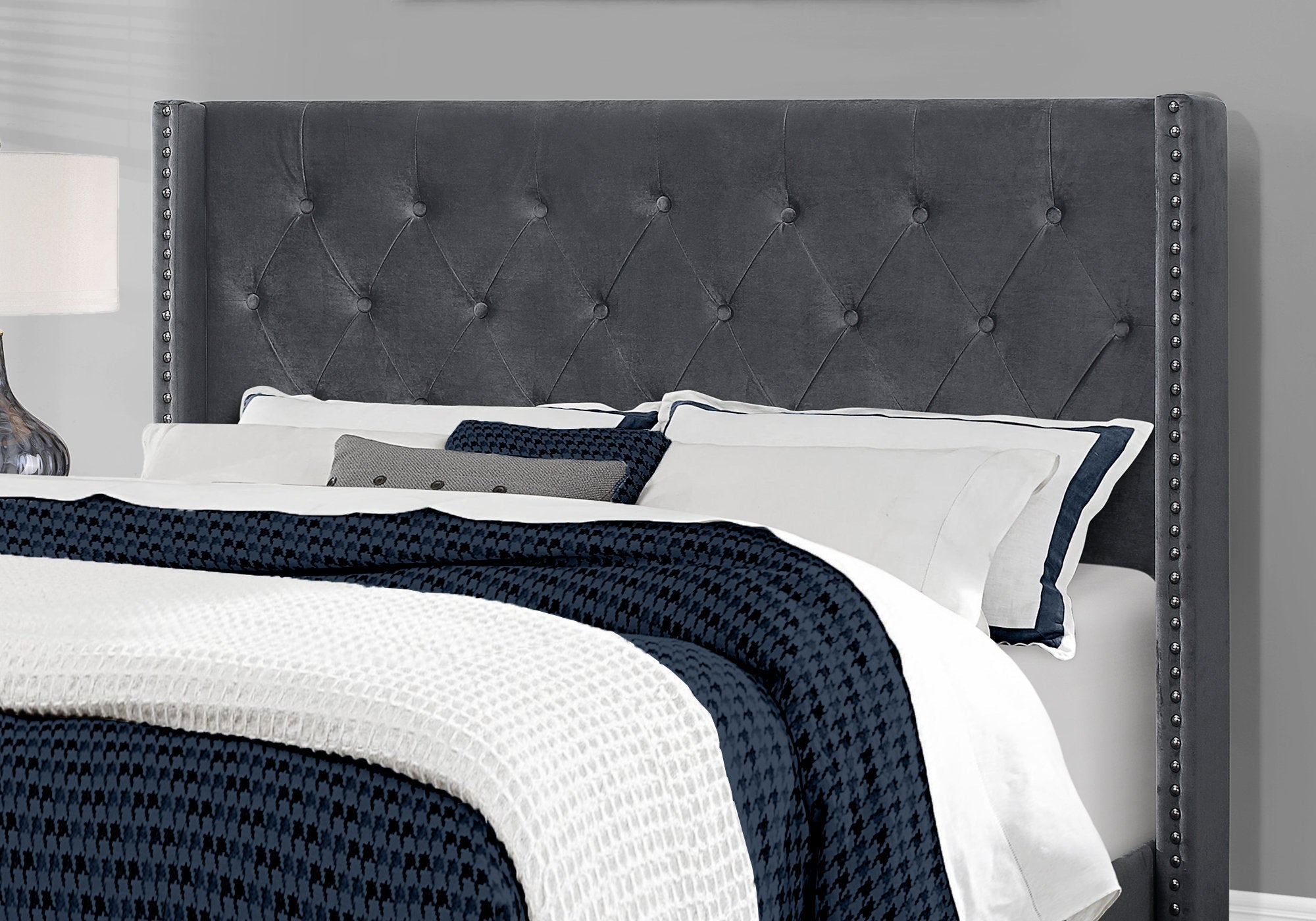 I 5986Q Lit, Grand, Plate-forme, Chambre À Coucher, Cadre, Rembourré, Velours, Pattes En Bois, Gris, Chrome, Transitionnel - Simple Boutique