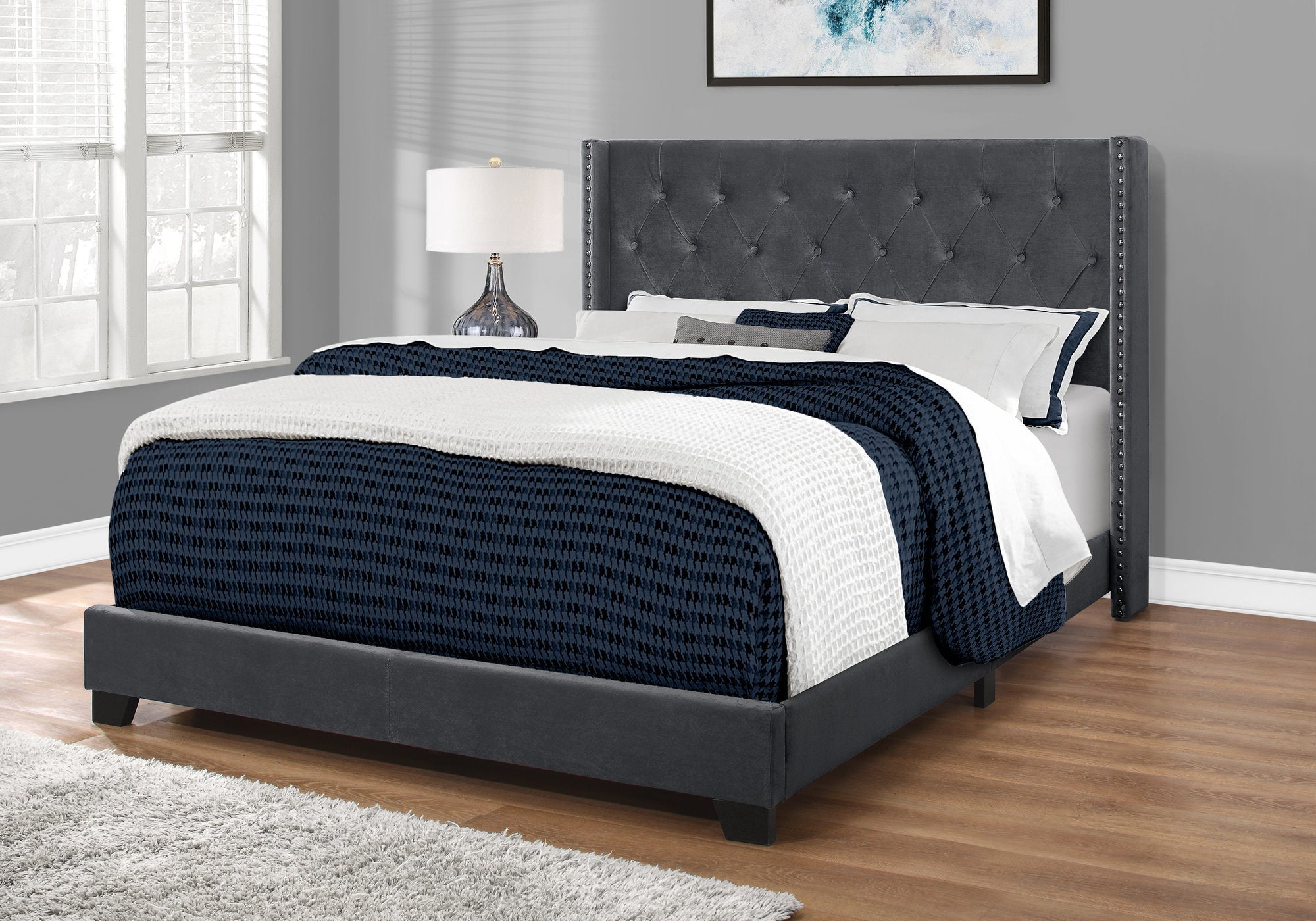 I 5986Q Lit, Grand, Plate-forme, Chambre À Coucher, Cadre, Rembourré, Velours, Pattes En Bois, Gris, Chrome, Transitionnel - Simple Boutique