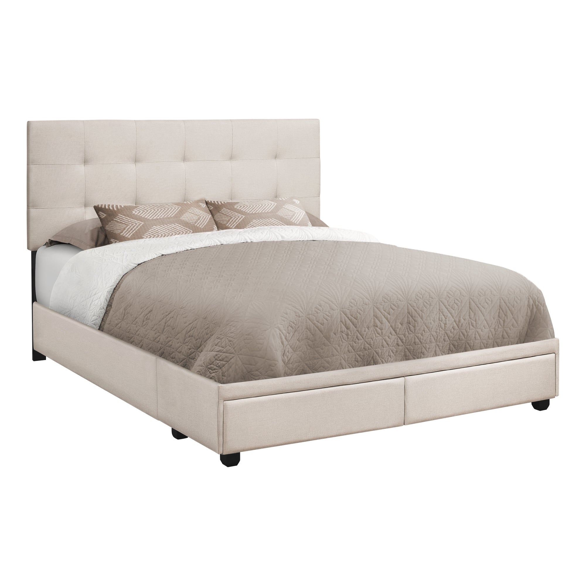 I 6021Q Lit, Grand, Plate-forme, Chambre À Coucher, Cadre, Rembourré, D'aspect Lin, Pattes En Bois, Beige, Noir, Transitionnel - Simple Boutique