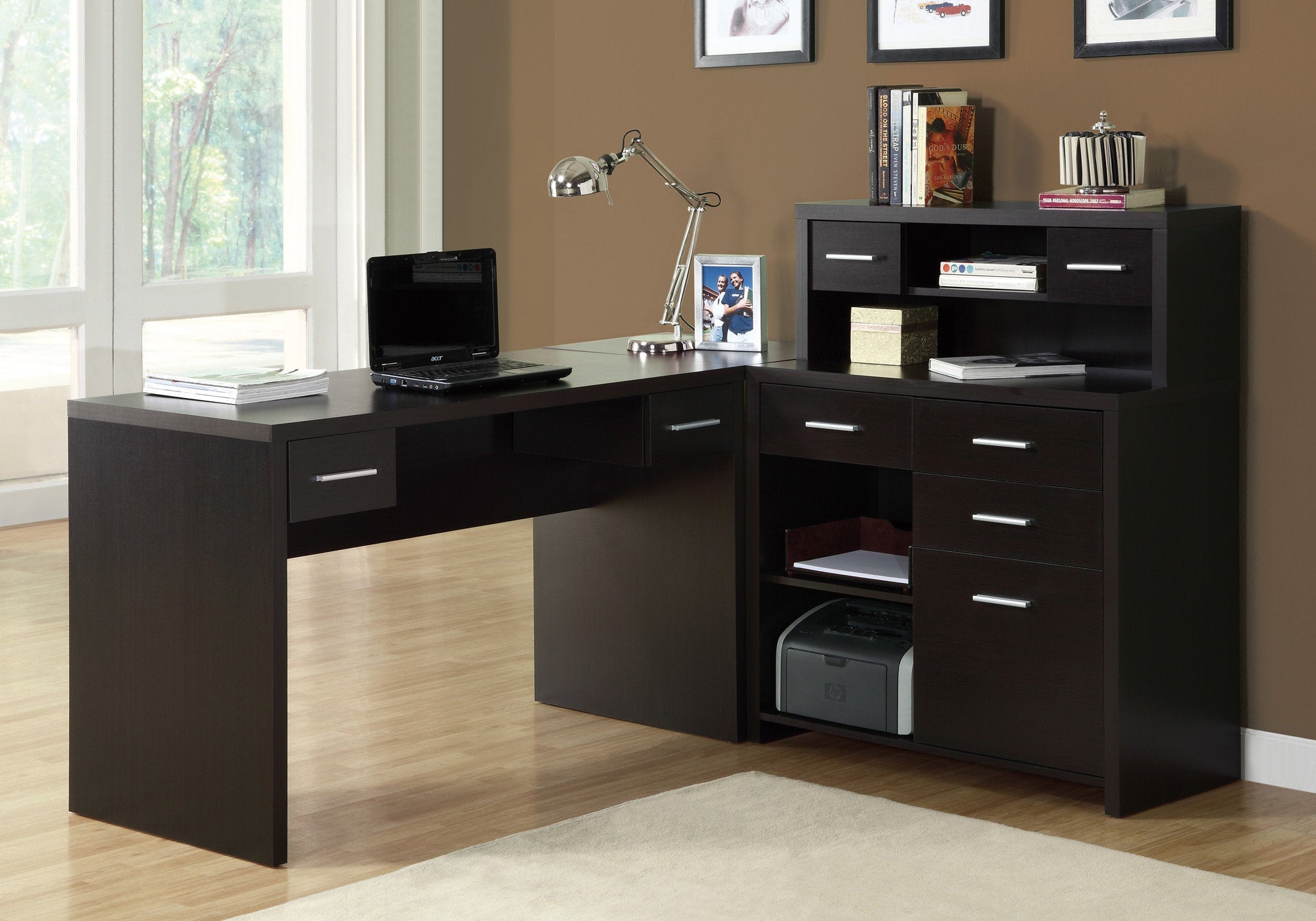 I 7018 Bureau, Bureau À Domicile, Coin, Configuration Gauche, Droite, Tiroirs De Rangement, Forme De L, Travail, Ordinateur Portable, Stratifié, Brun, Contemporain, Moderne - Simple Boutique