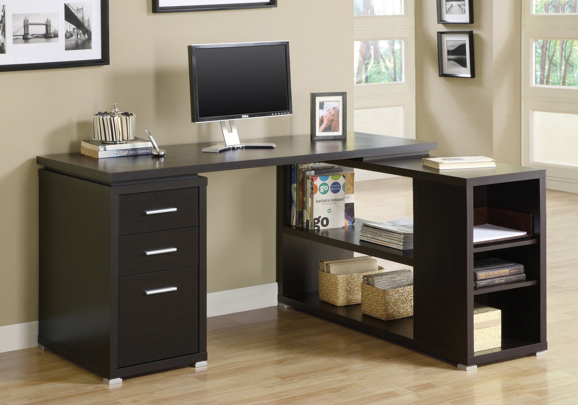 I 7019 Bureau, Bureau À Domicile, Coin, Configuration Gauche, Droite, Tiroirs De Rangement, Forme De L, Travail, Ordinateur Portable, Stratifié, Brun, Contemporain, Moderne - Simple Boutique