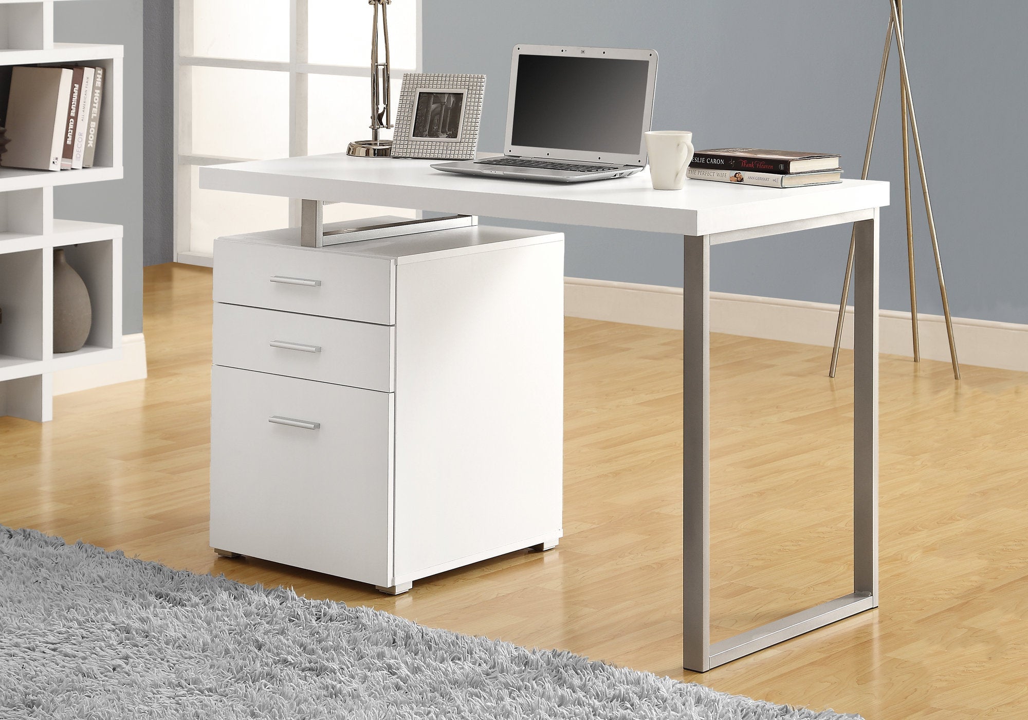 I 7027 Bureau, Bureau À Domicile, Ordinateur Portable, Configuration Gauche, Droite, Tiroirs De Rangement, 48"l, Travail, Métal, Stratifié, Blanc, Gris, Contemporain, Moderne - Simple Boutique