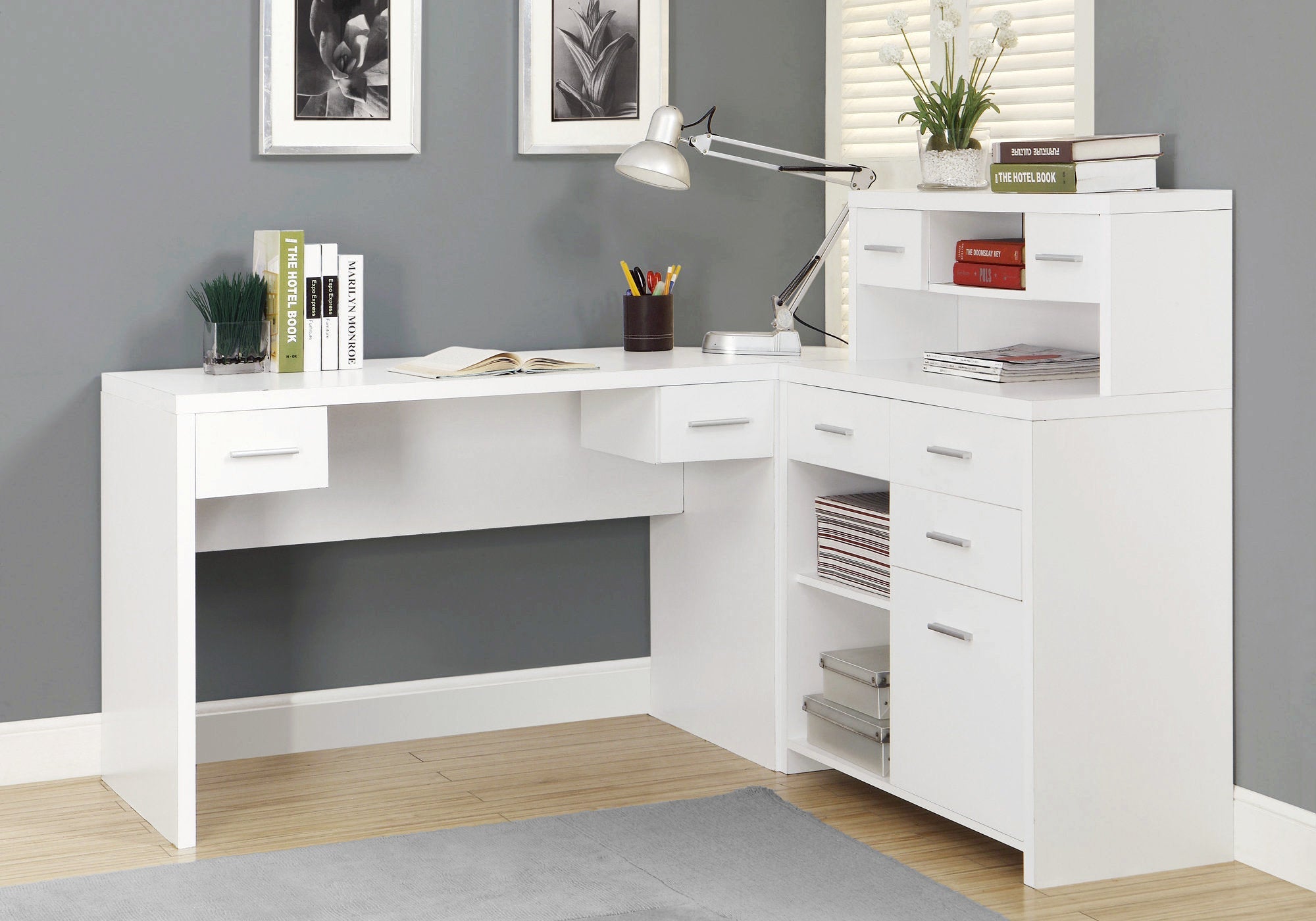 I 7028 Bureau, Bureau À Domicile, Coin, Configuration Gauche, Droite, Tiroirs De Rangement, Forme De L, Travail, Ordinateur Portable, Stratifié, Blanc, Contemporain, Moderne - Simple Boutique