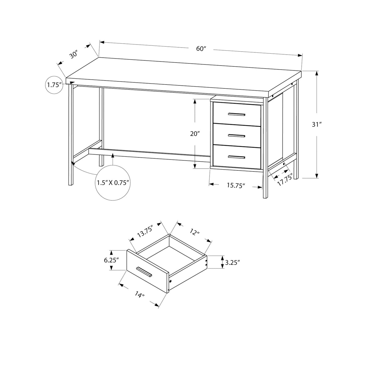 I 7046 Bureau, Bureau À Domicile, Ordinateur Portable, Configuration Gauche, Droite, Tiroirs De Rangement, 60"l, Travail, Métal, Stratifié, Blanc, Gris, Contemporain, Moderne - Simple Boutique