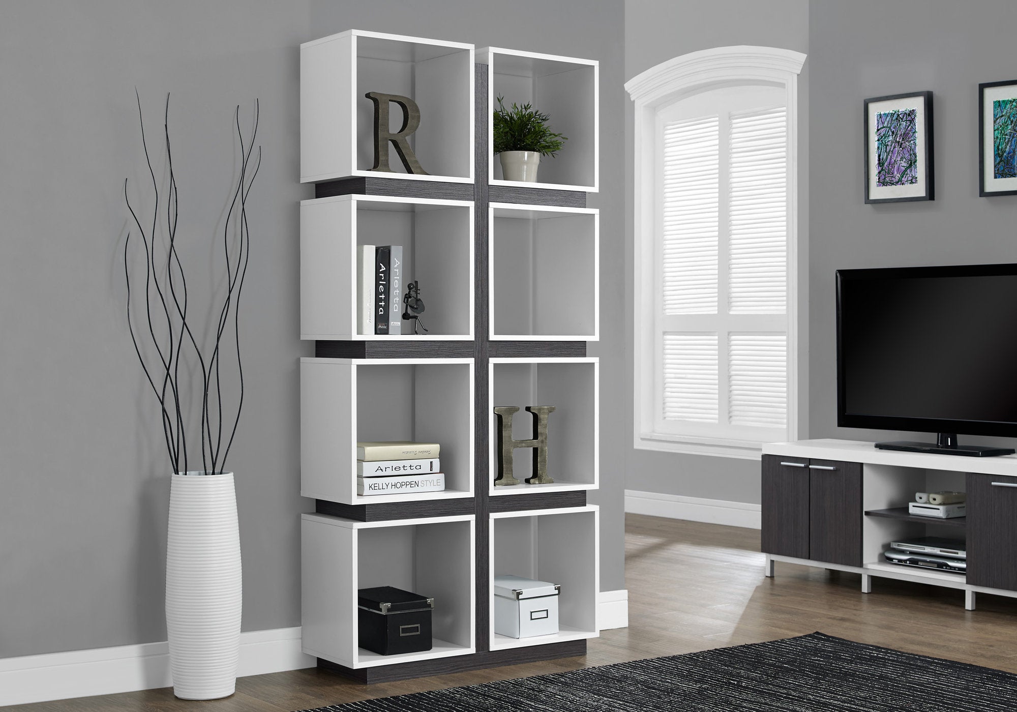 I 7076 Étagère À Livres, Étagère, Étagère, 5 Niveaux, 71"h, Bureau, Chambre À Coucher, Stratifié, Blanc, Gris, Contemporain, Moderne - Simple Boutique