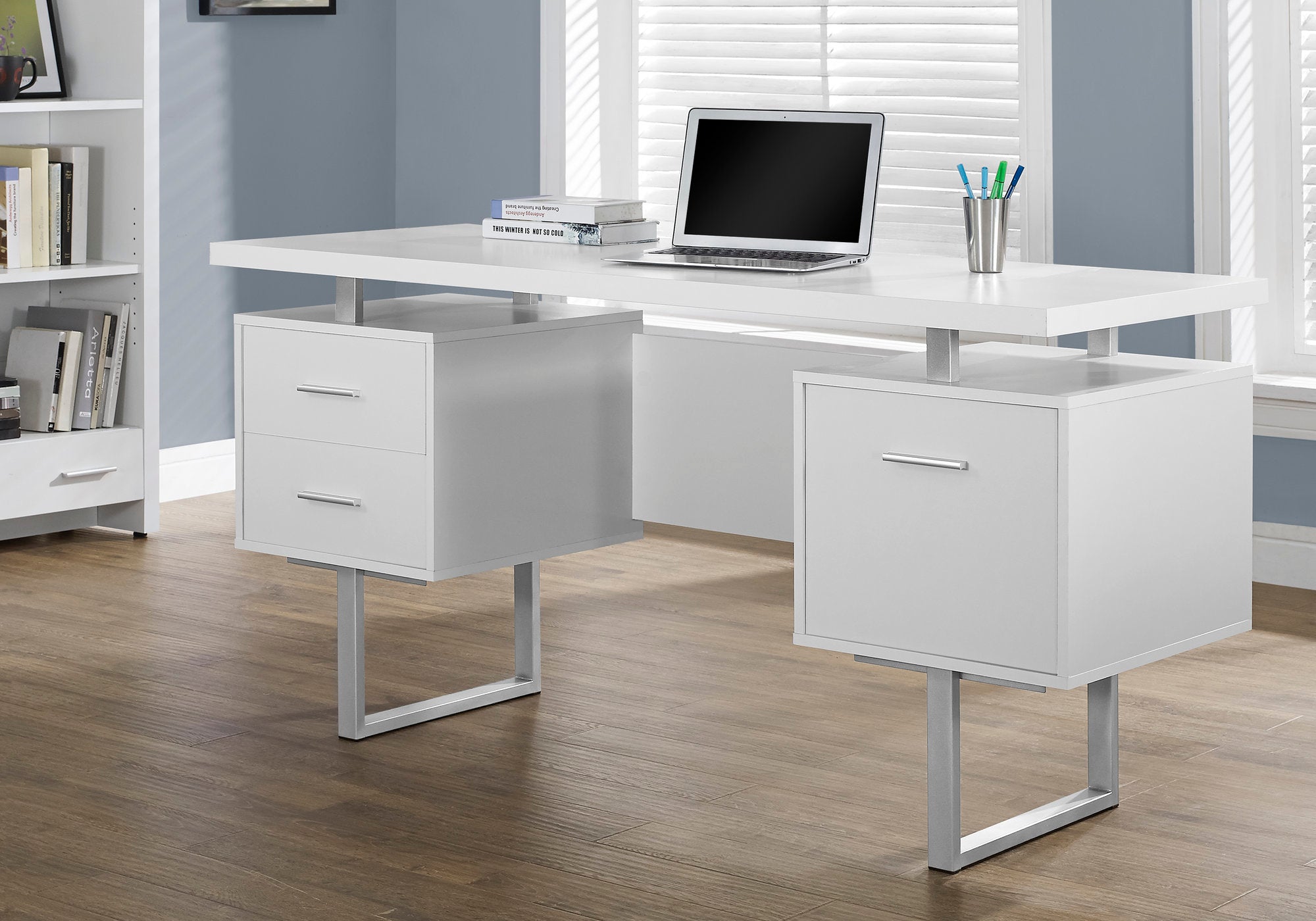 I 7081 Bureau, Bureau À Domicile, Ordinateur Portable, Configuration Gauche, Droite, Tiroirs De Rangement, 60"l, Travail, Métal, Stratifié, Blanc, Gris, Contemporain, Moderne - Simple Boutique