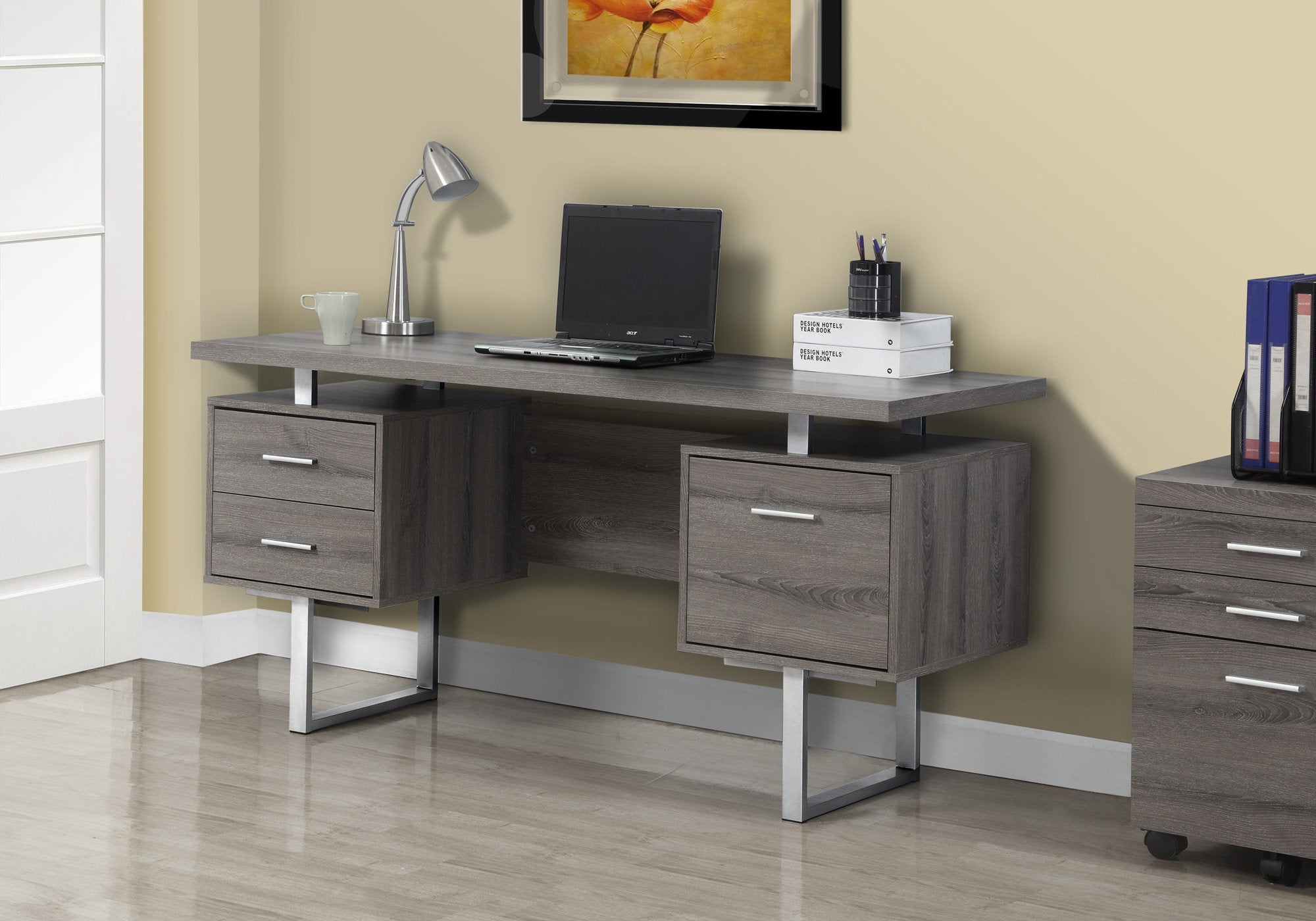 I 7082 Bureau, Bureau À Domicile, Ordinateur Portable, Configuration Gauche, Droite, Tiroirs De Rangement, 60"l, Travail, Métal, Stratifié, Brun, Gris, Contemporain, Moderne - Simple Boutique