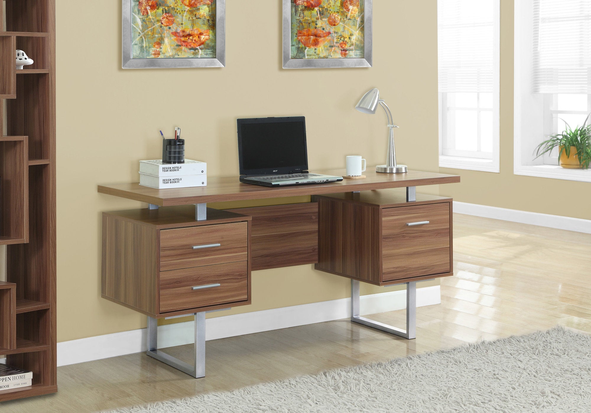 I 7083 Bureau, Bureau À Domicile, Ordinateur Portable, Configuration Gauche, Droite, Tiroirs De Rangement, 60"l, Travail, Métal, Stratifié, Noyer, Gris, Contemporain, Moderne - Simple Boutique