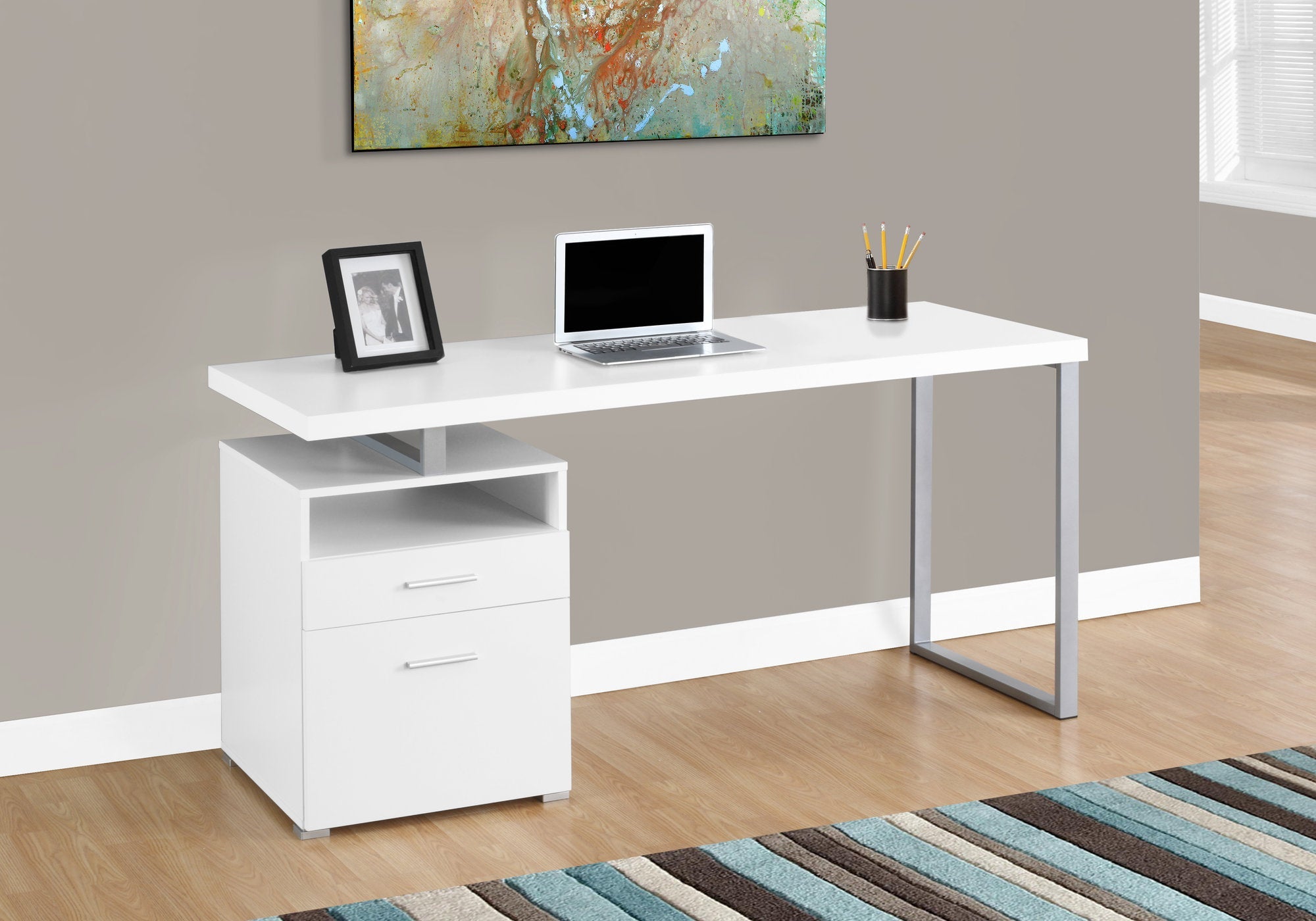 I 7144 Bureau, Bureau À Domicile, Ordinateur Portable, Configuration Gauche, Droite, Tiroirs De Rangement, 60"l, Travail, Métal, Stratifié, Blanc, Gris, Contemporain, Moderne - Simple Boutique