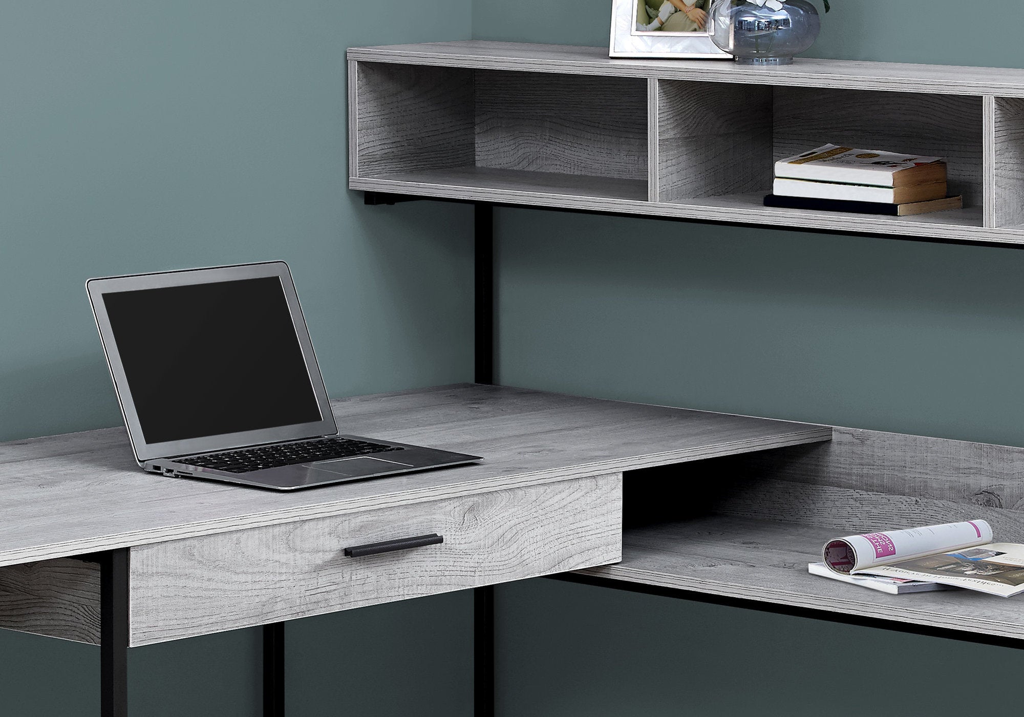 I 7160 Bureau, Bureau À Domicile, Coin, Tiroirs De Rangement, Forme De L, Travail, Ordinateur Portable, Métal, Stratifié, Gris, Noir, Contemporain, Moderne - Simple Boutique
