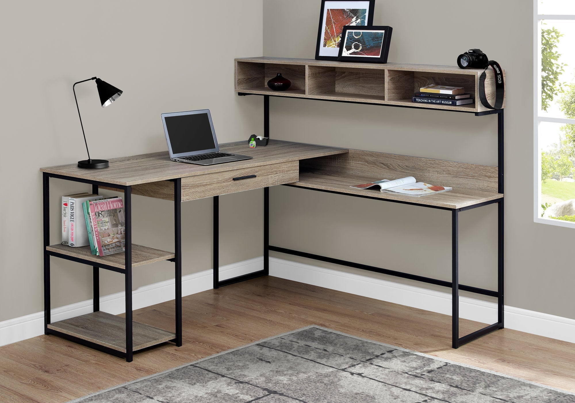I 7161 Bureau, Bureau À Domicile, Coin, Tiroirs De Rangement, Forme De L, Travail, Ordinateur Portable, Métal, Stratifié, Brun, Noir, Contemporain, Moderne - Simple Boutique