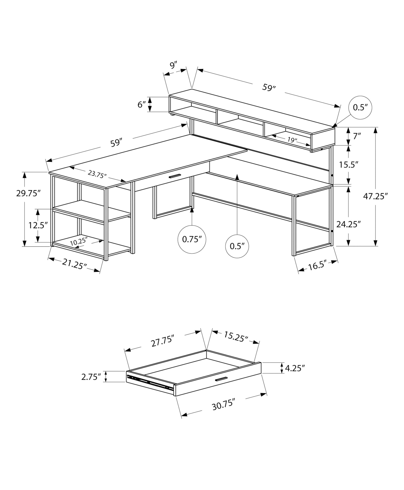 I 7162 Bureau, Bureau À Domicile, Coin, Tiroirs De Rangement, Forme De L, Travail, Ordinateur Portable, Métal, Stratifié, Blanc, Gris, Contemporain, Moderne - Simple Boutique