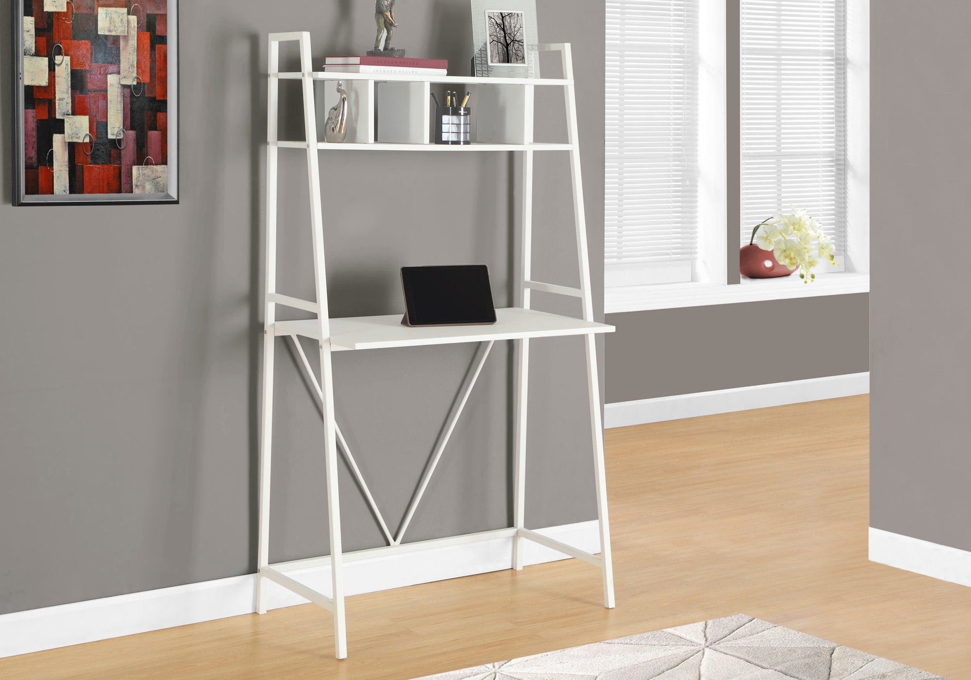 I 7163 Bureau, Bureau À Domicile, Ordinateur Portable, Penché, Étagères De Rangement, Travail, Métal, Stratifié, Blanc, Contemporain, Moderne - Simple Boutique