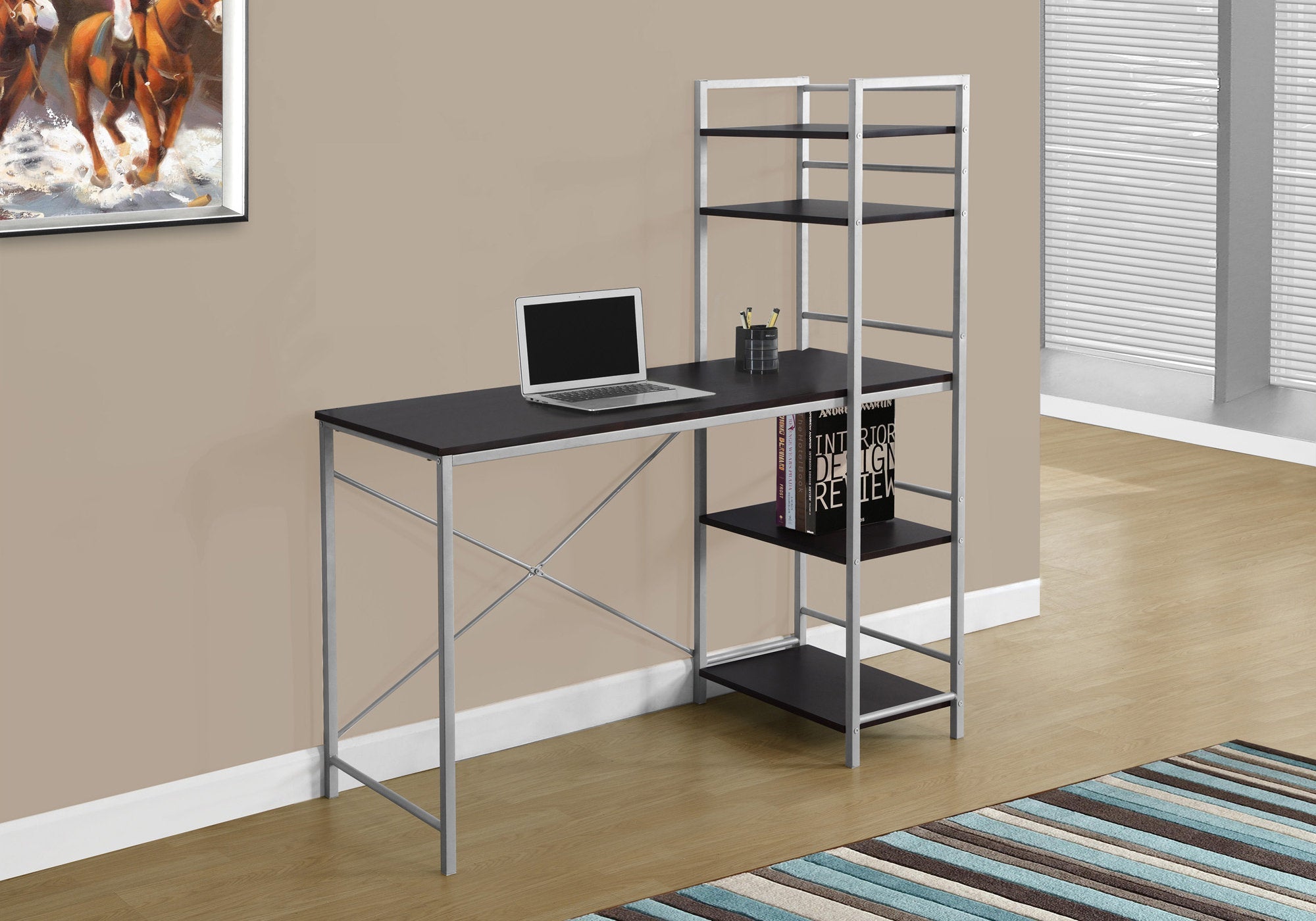 I 7166 Bureau, Bureau À Domicile, Ordinateur Portable, Étagères De Rangement, 48"l, Travail, Métal, Stratifié, Brun, Gris, Contemporain, Moderne - Simple Boutique