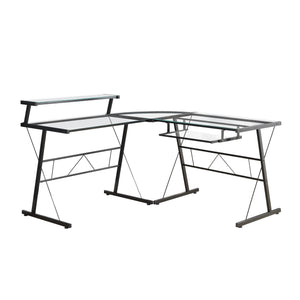 I 7172 Bureau, Bureau À Domicile, Coin, Forme De L, Travail, Ordinateur Portable, Métal, Verre Trempé, Noir, Dégager, Contemporain, Moderne - Simple Boutique