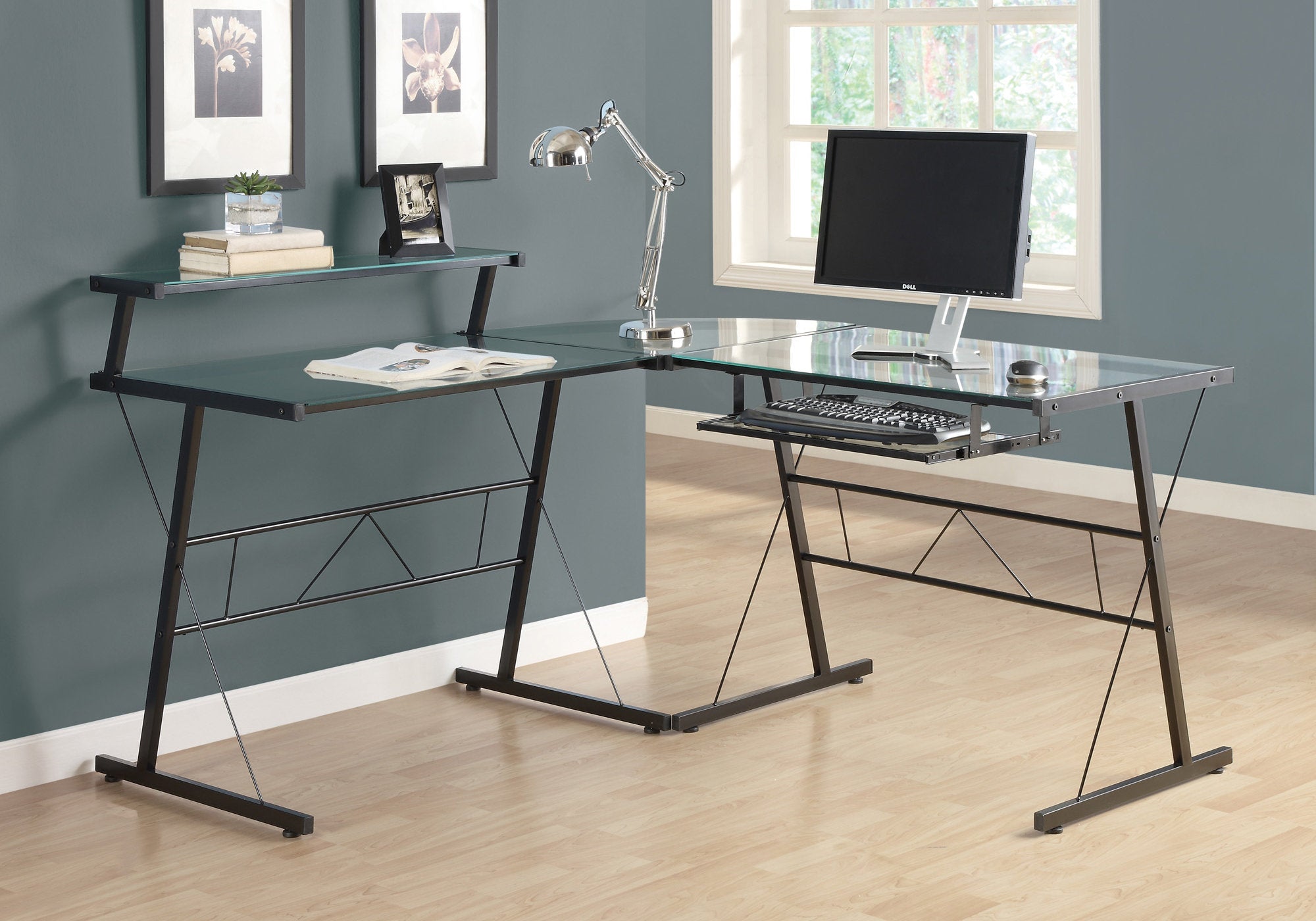 I 7172 Bureau, Bureau À Domicile, Coin, Forme De L, Travail, Ordinateur Portable, Métal, Verre Trempé, Noir, Dégager, Contemporain, Moderne - Simple Boutique