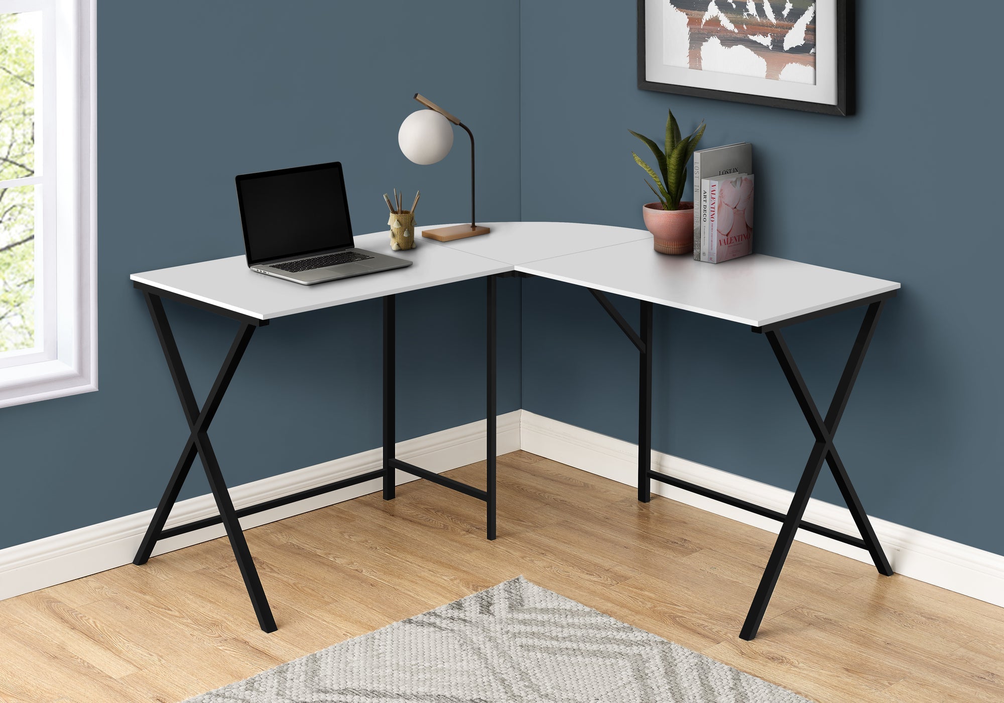 I 7195 Bureau, Bureau À Domicile, Coin, 55"l, Forme De L, Travail, Ordinateur Portable, Métal, Stratifié, Blanc, Noir, Contemporain, Moderne - Simple Boutique