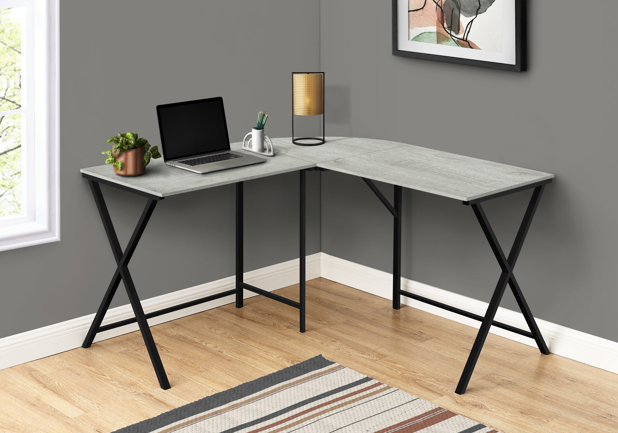 I 7196 Bureau, Bureau À Domicile, Coin, 55"l, Forme De L, Travail, Ordinateur Portable, Métal, Stratifié, Gris, Noir, Contemporain, Moderne - Simple Boutique