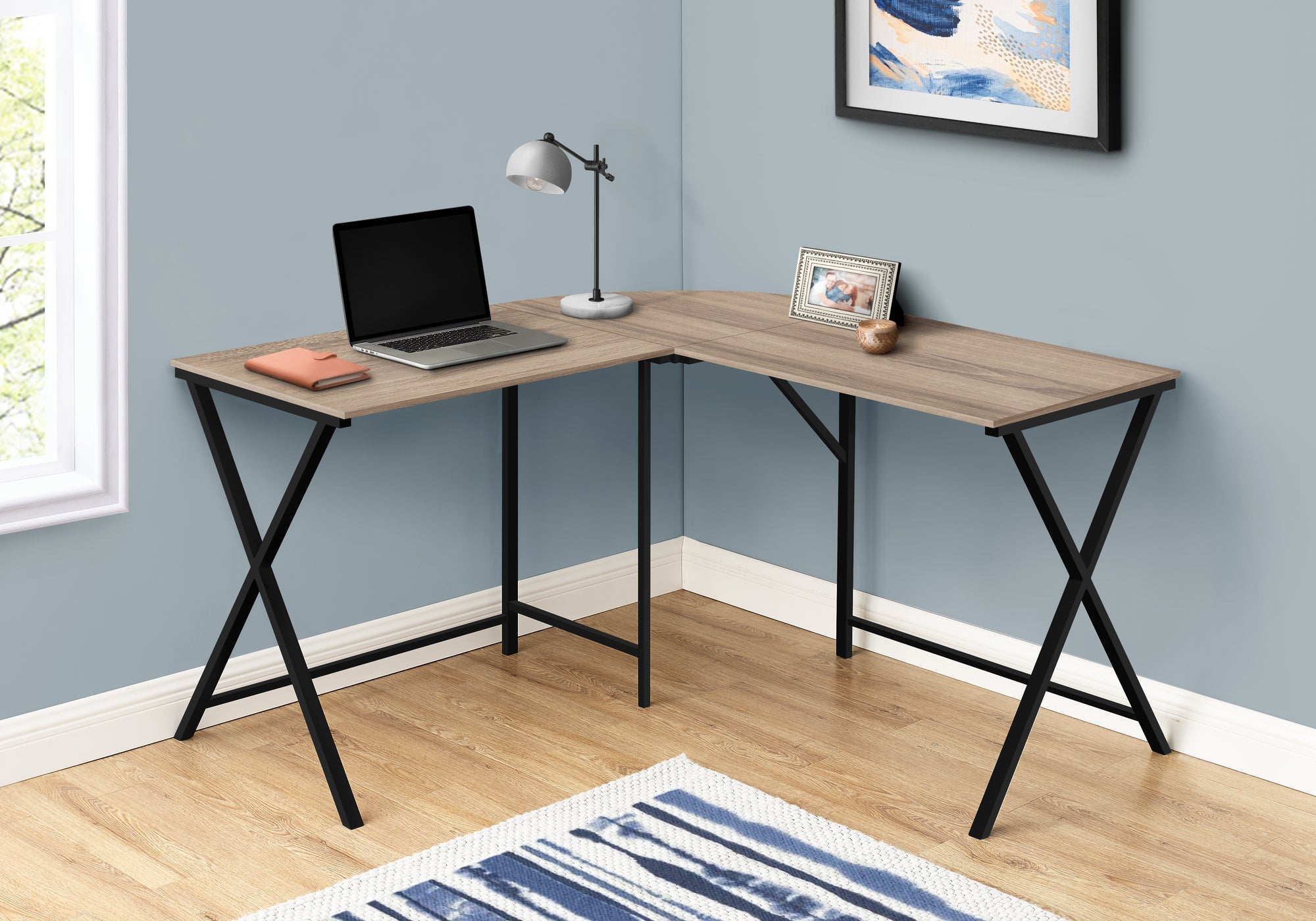 I 7197 Bureau, Bureau À Domicile, Coin, 55"l, Forme De L, Travail, Ordinateur Portable, Métal, Stratifié, Brun, Noir, Contemporain, Moderne - Simple Boutique