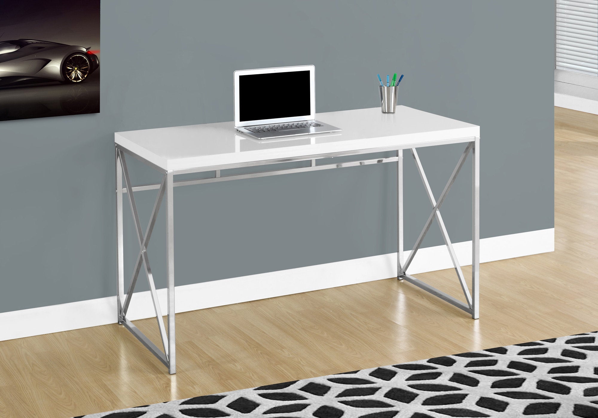 I 7205 Bureau, Bureau À Domicile, Ordinateur Portable, Travail, Métal, Stratifié, Blanc Lustré, Chrome, Contemporain, Moderne - Simple Boutique