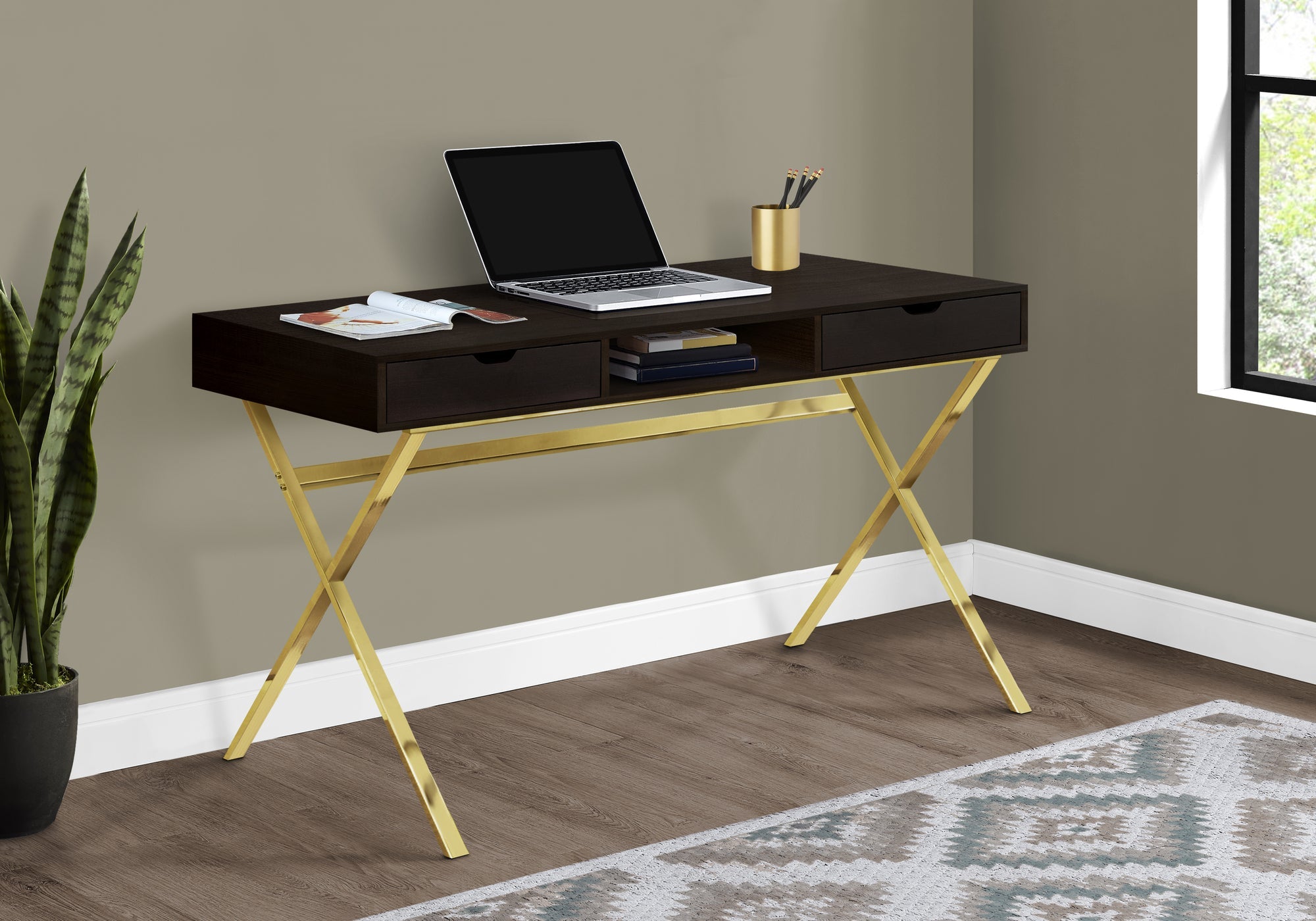 I 7210 Bureau, Bureau À Domicile, Ordinateur Portable, Tiroirs De Rangement, 48"l, Travail, Métal, Stratifié, Brun, Or, Contemporain, Moderne - Simple Boutique