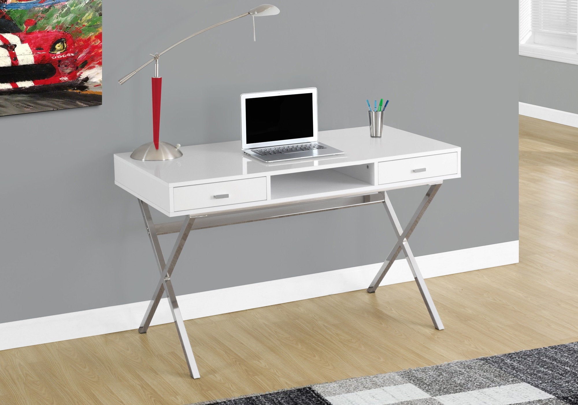 I 7211 Bureau, Bureau À Domicile, Ordinateur Portable, Tiroirs De Rangement, 48"l, Travail, Métal, Stratifié, Blanc Lustré, Chrome, Contemporain, Moderne - Simple Boutique