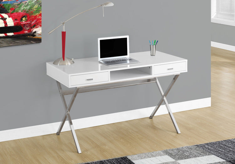 I 7211 Bureau, Bureau À Domicile, Ordinateur Portable, Tiroirs De Rangement, 48"l, Travail, Métal, Stratifié, Blanc Lustré, Chrome, Contemporain, Moderne - Simple Boutique